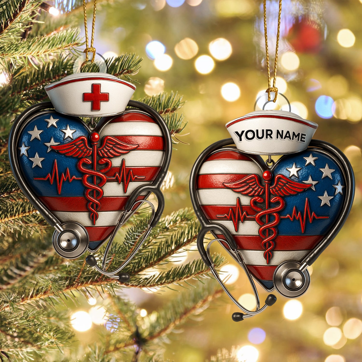 Personalized Nurse Heart Ornament, Custom Name USA Flag Medical Ornament, Healthcare Worker Christmas Tree Decor, Nurse & Doctor Holiday Gift