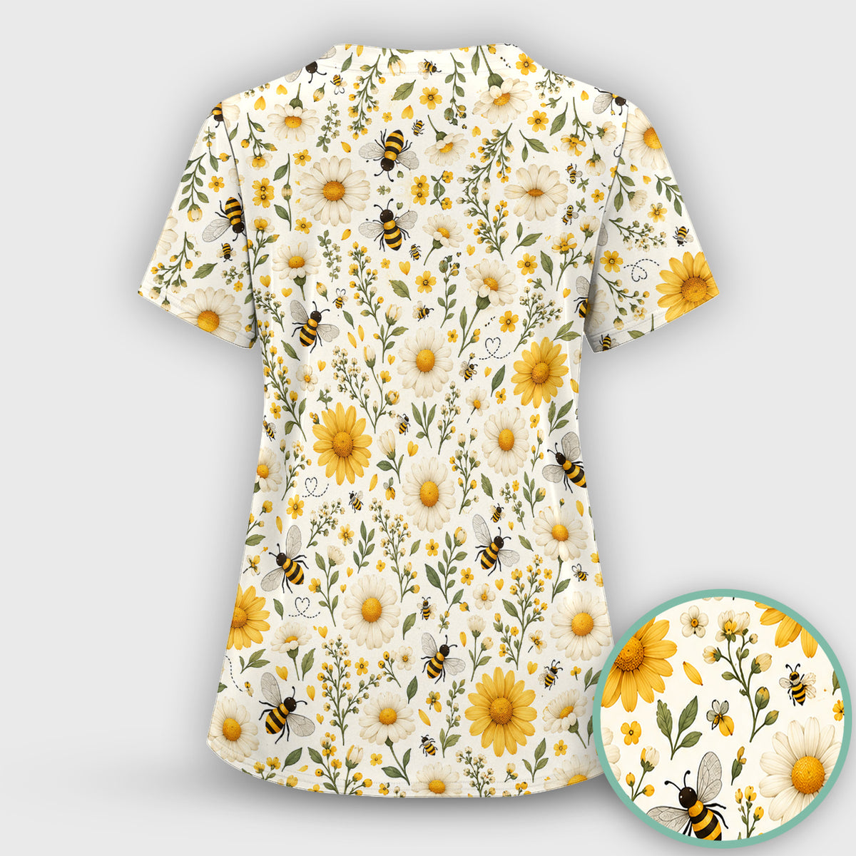Cute Honey Bee And Daisy Pattern Scrub Set, Scrub Pants and V Neck Top