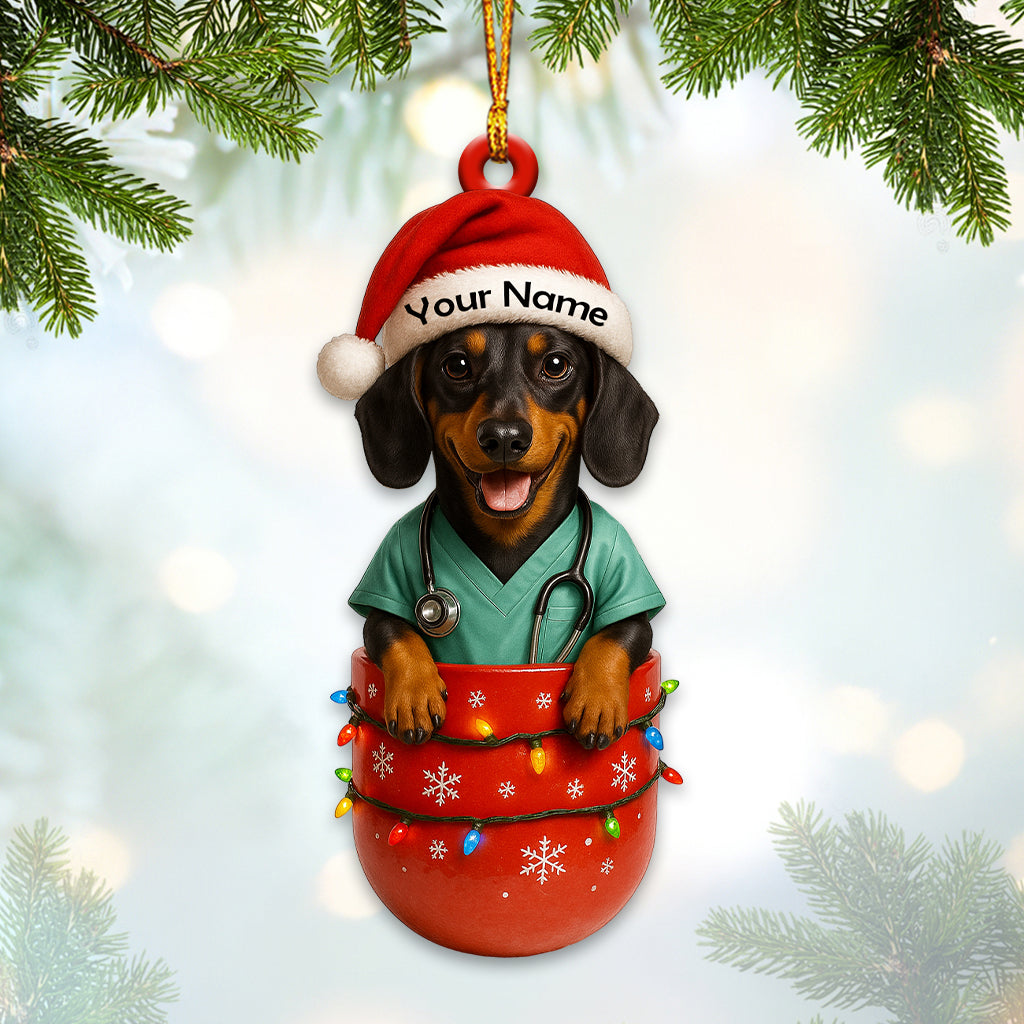 Dachshund Nurse Christmas Ornament – Custom Name Scrub Outfit Holiday Decor, Cute Medical Dog Xmas Gift for Healthcare Workers