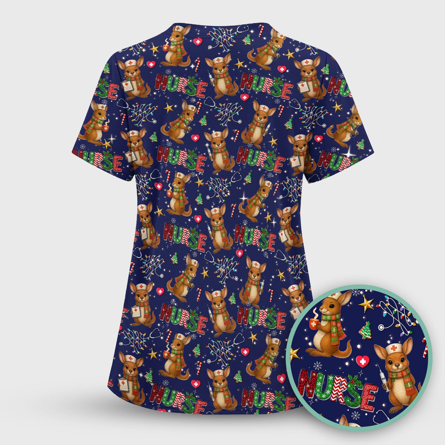 Christmas Kangaroo Nurse Scrub Top - Cute Aussie Holiday Medical Uniform - Funny Xmas Scrubs for Women