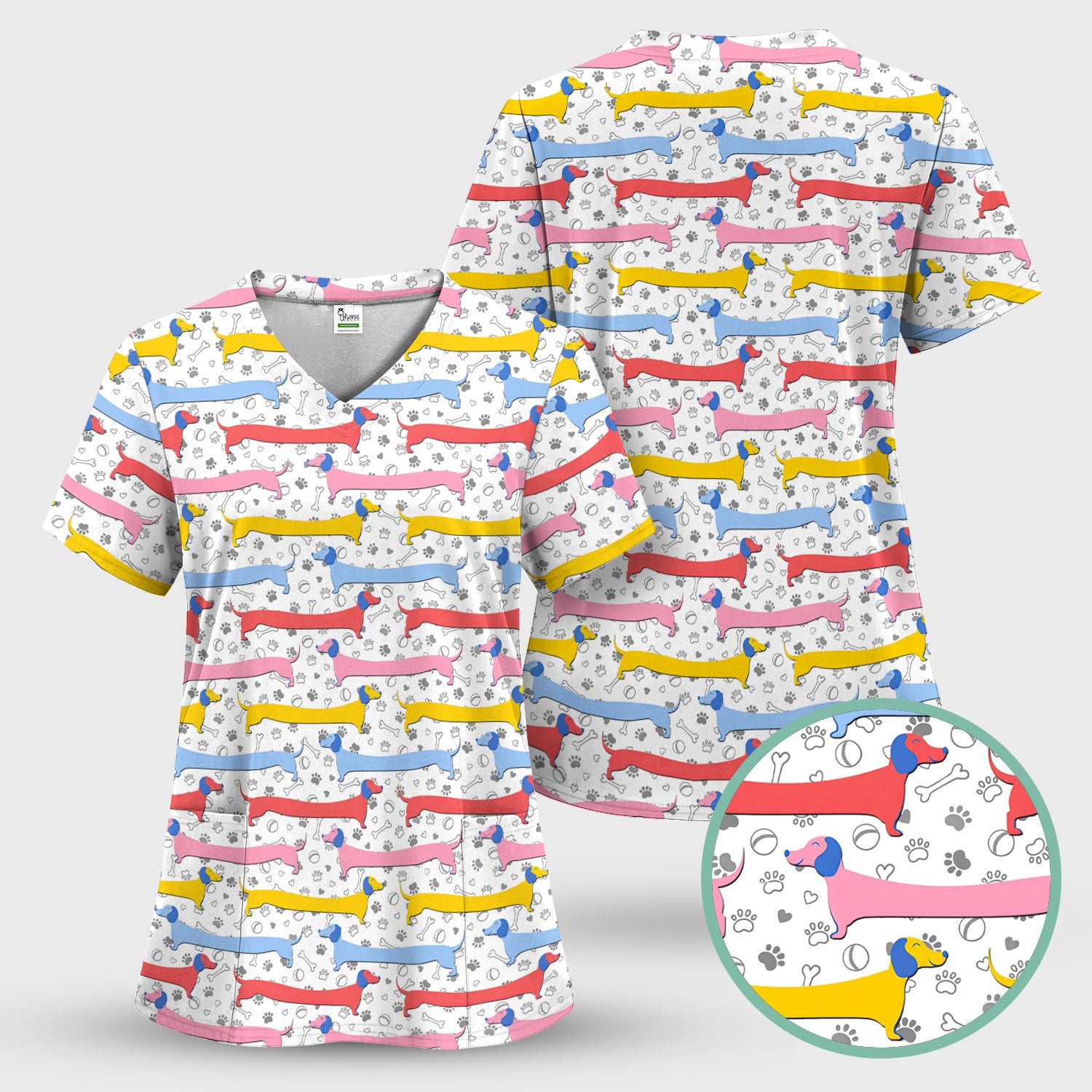 Funny Wiener Dog Scrub Shirt for Women - Dachshund Nurse Top - Cute Sausage Dog Medical Shirt