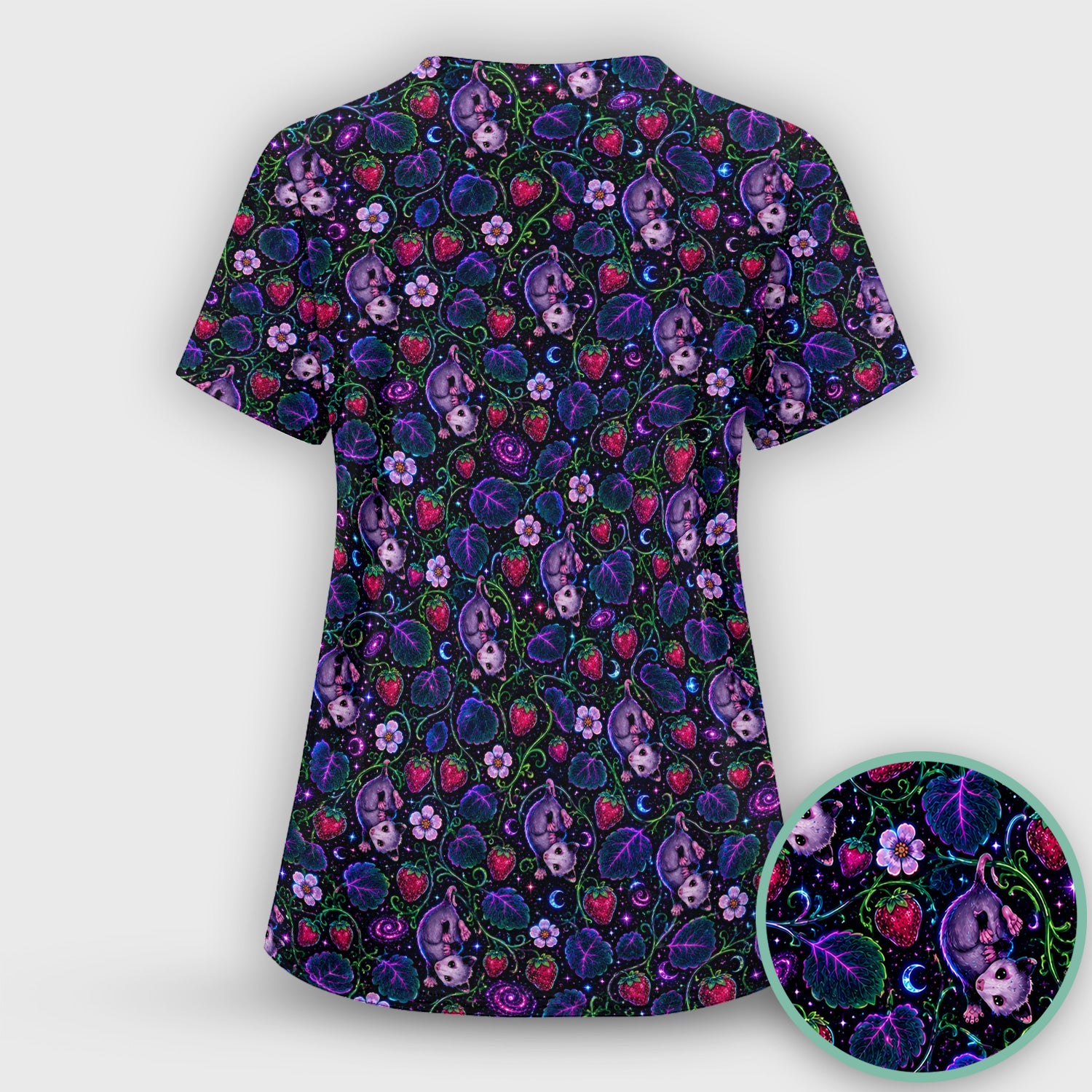 Galaxy Strawberry Opossum Pattern Scrub Top for RN, CNA, Veterinary Staff, Cat Lover Uniform