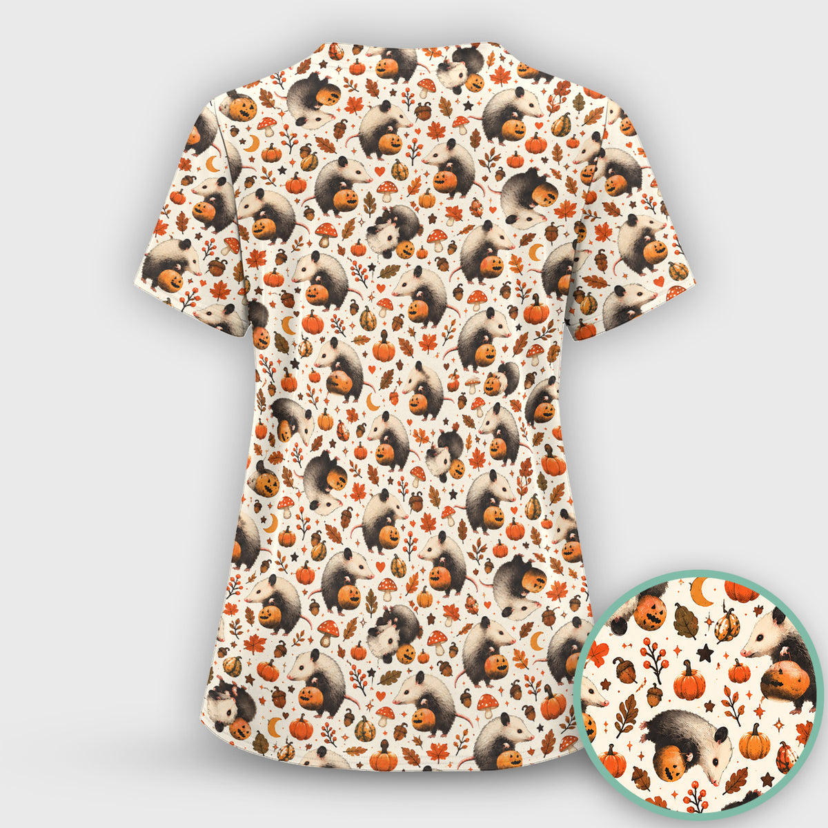 Halloween Opossum Pumpkin Patch Pattern Scrub Set, Scrub Pants and V Neck Top