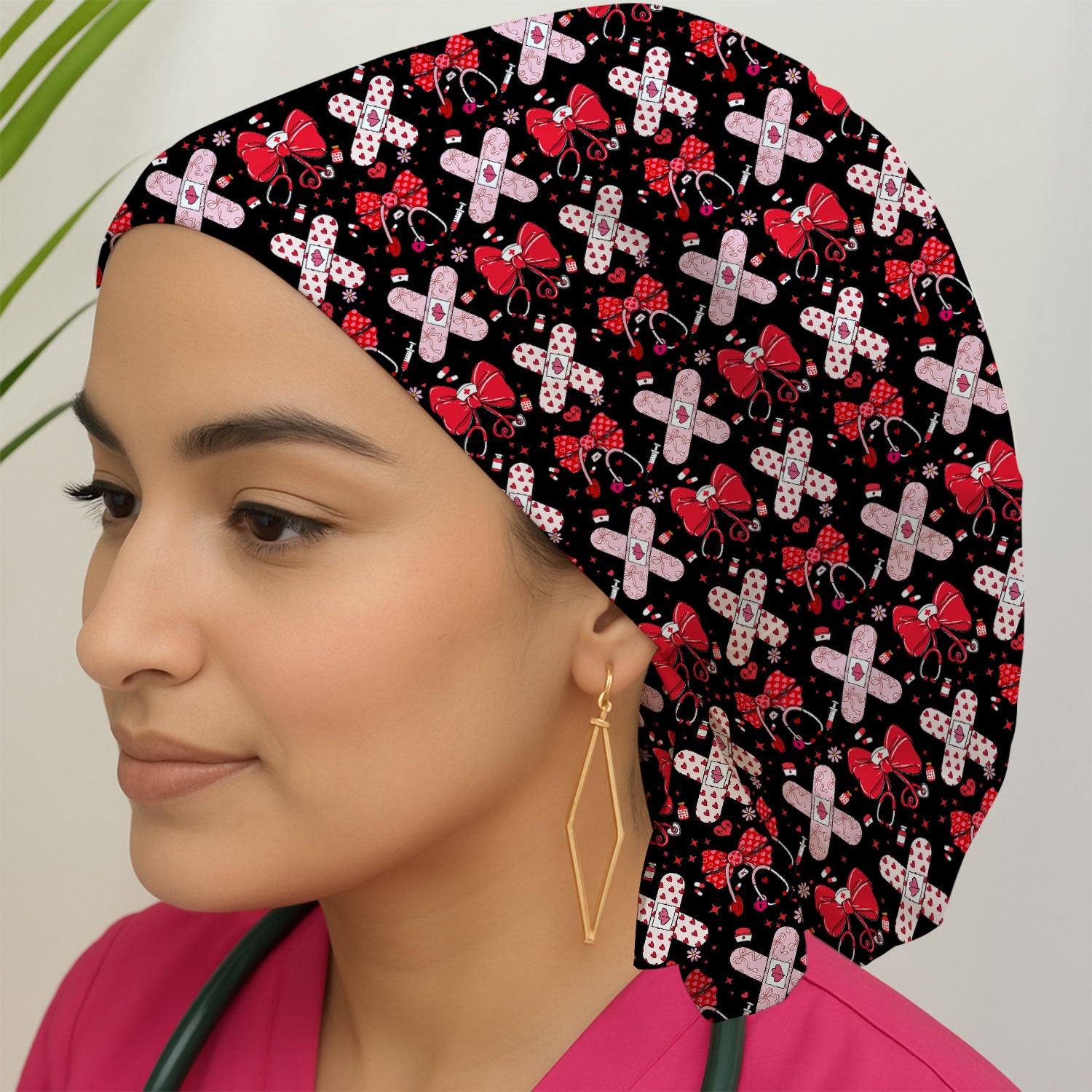 Valentine Nurse Scrub Cap, Red Bow And Heart Bandage Pattern Medical Hat, Breathable Fabrics Nursing Uniform
