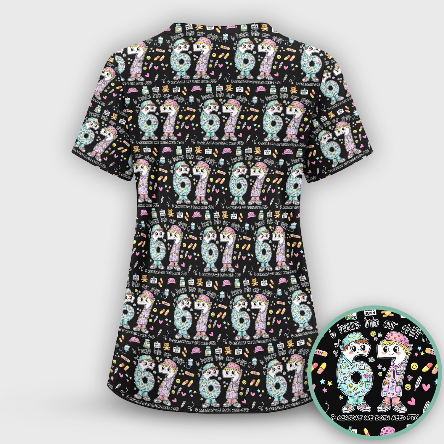 Cartoon Characters Six Hours Into Shift With Medical Doodle Scrub Set, Breathable Med Uniform