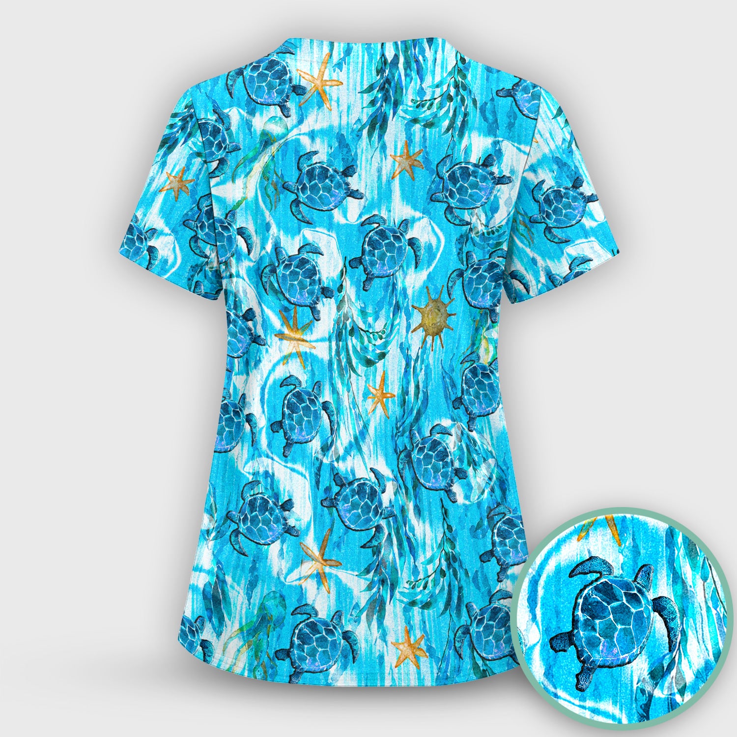Coastal Marine Life Print Scrub Set, Scrub Pants and V Neck Top