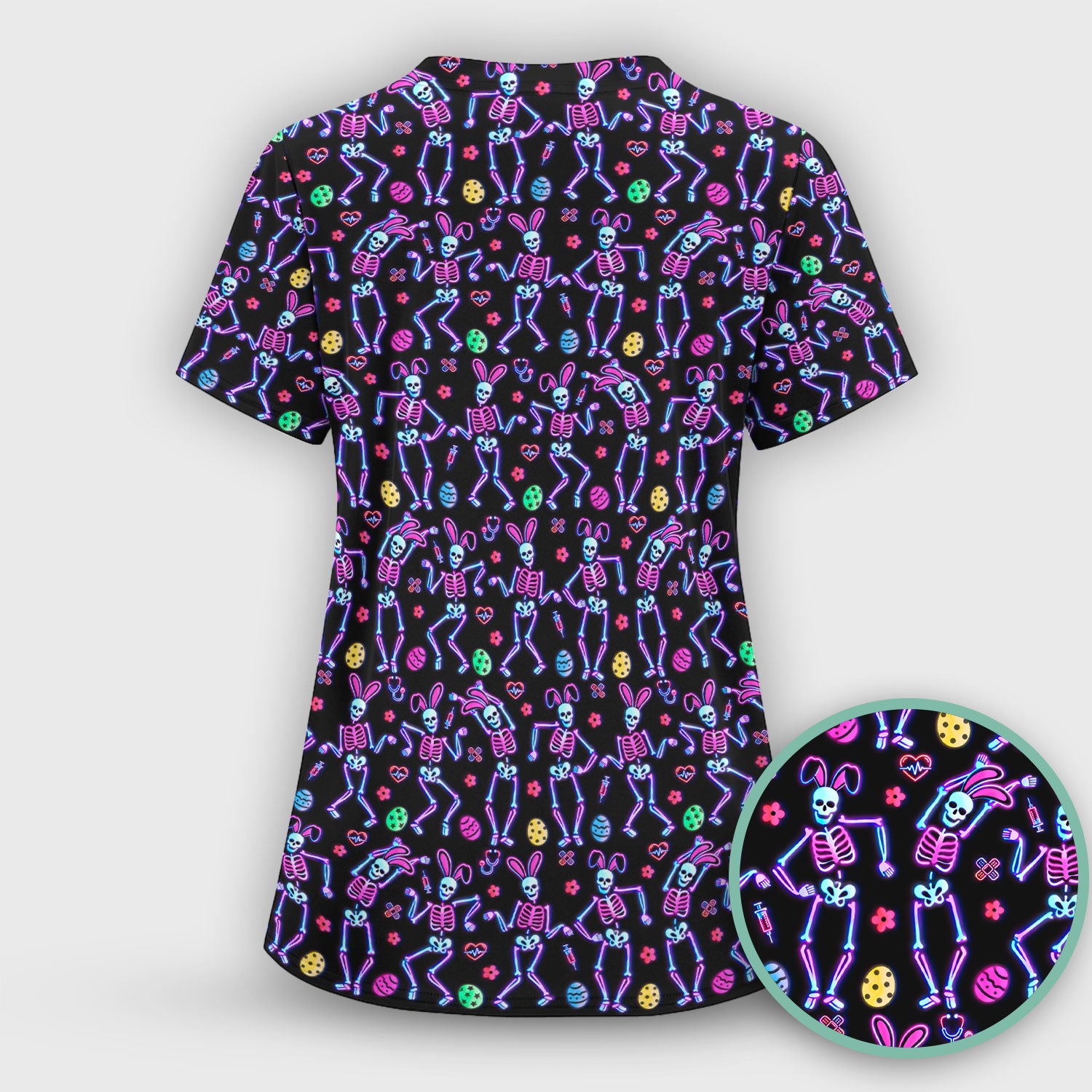 Neon Easter Skeleton Pattern Scrub Top, Comfortable Scrubs for Nurses