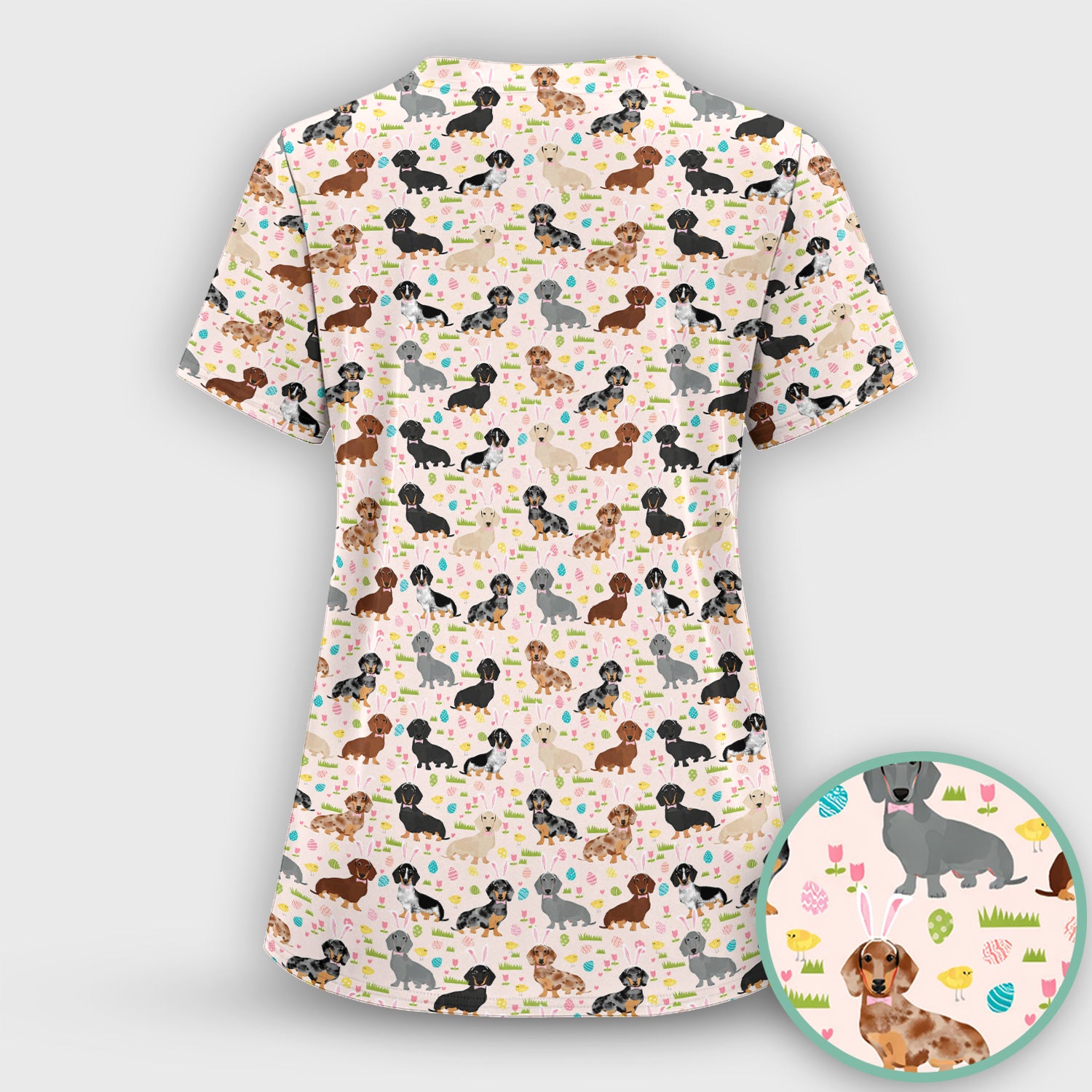 Easter Dachshund Dog Pattern Scrub Top, Comfortable Scrubs for Nurses