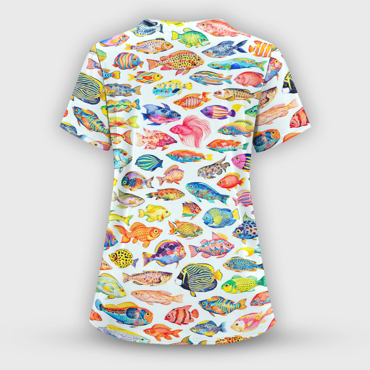 Colorful Tropical Fish Pattern Scrub Top, Breathable Medical Scrubs
