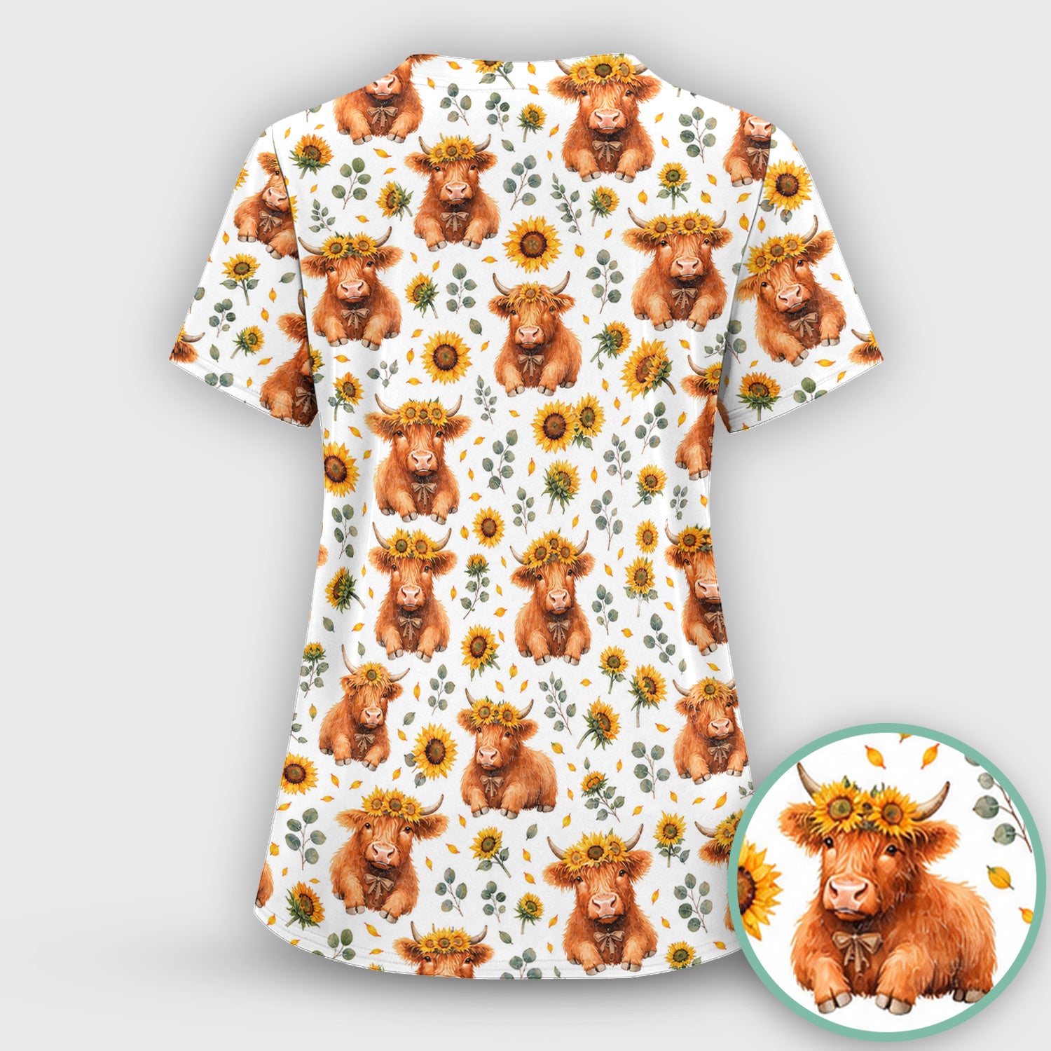 Rustic Highland Cow Floral Pattern Scrub Top, Comfortable Scrubs for Nurses