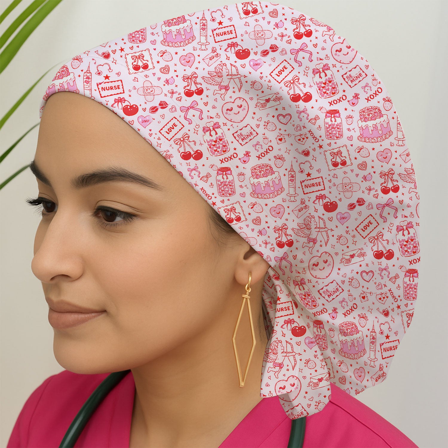 Valentine Pink XOXO Pattern Nurse Scrub Cap, Comfortable Uniform Scrubs For Nursing