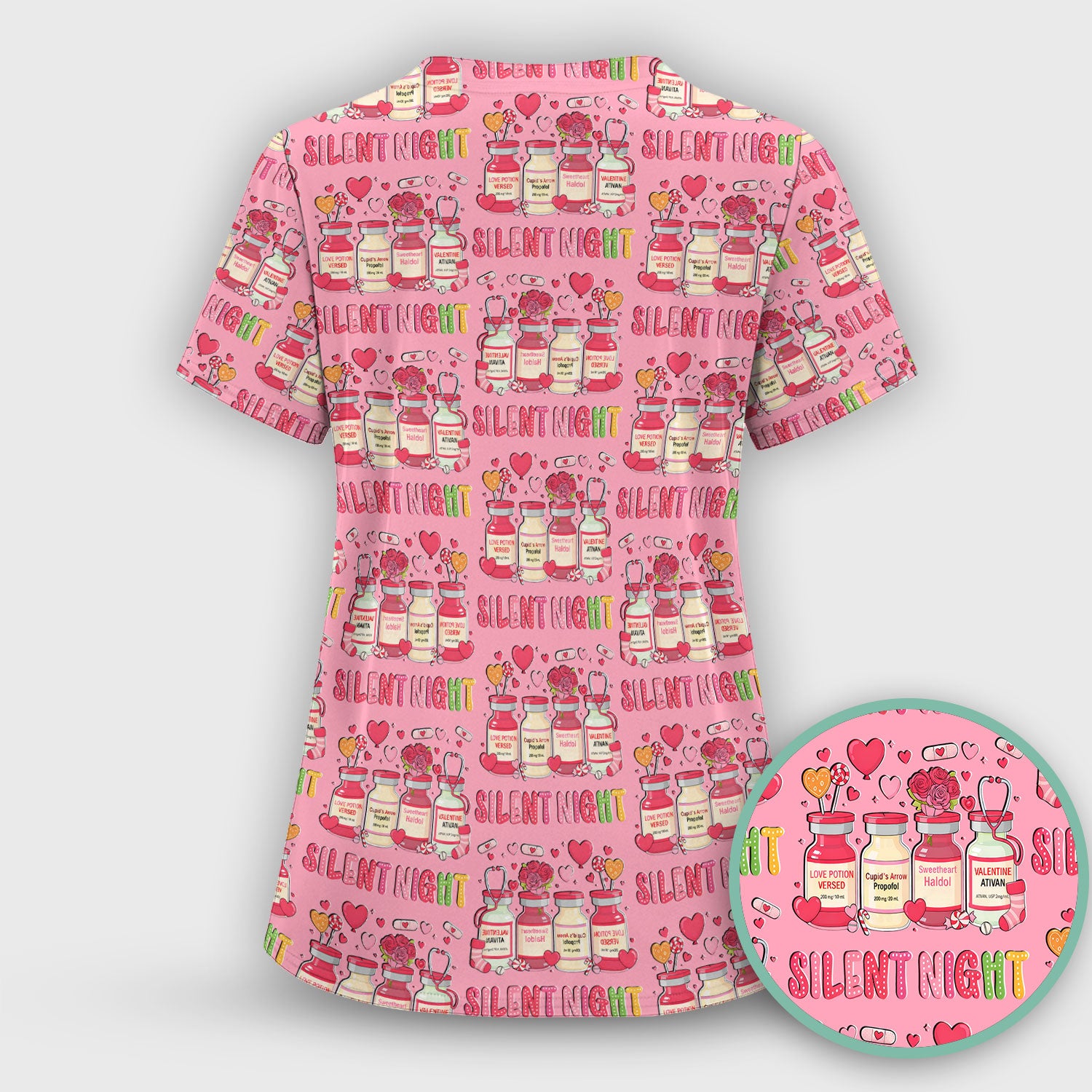 Valentine Silent Night Love Design Scrubs Set, Breathable Med Uniform