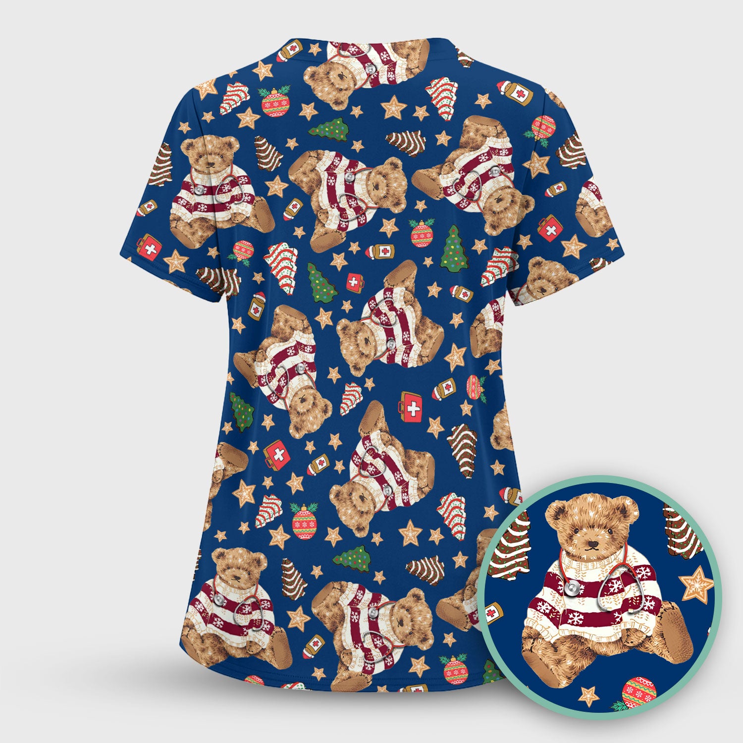 Teddy Bear Christmas Scrub Top - Cute Holiday Medical Pattern with Warm Sweater Bear - Gift for Nurses RN CNA LPN