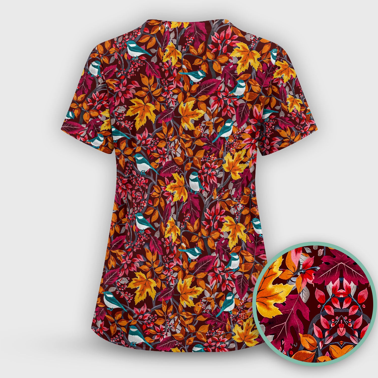Autumn Leaves Blue Bird Pattern Print Scrub Top, Breathable Fabrics Nursing Uniform