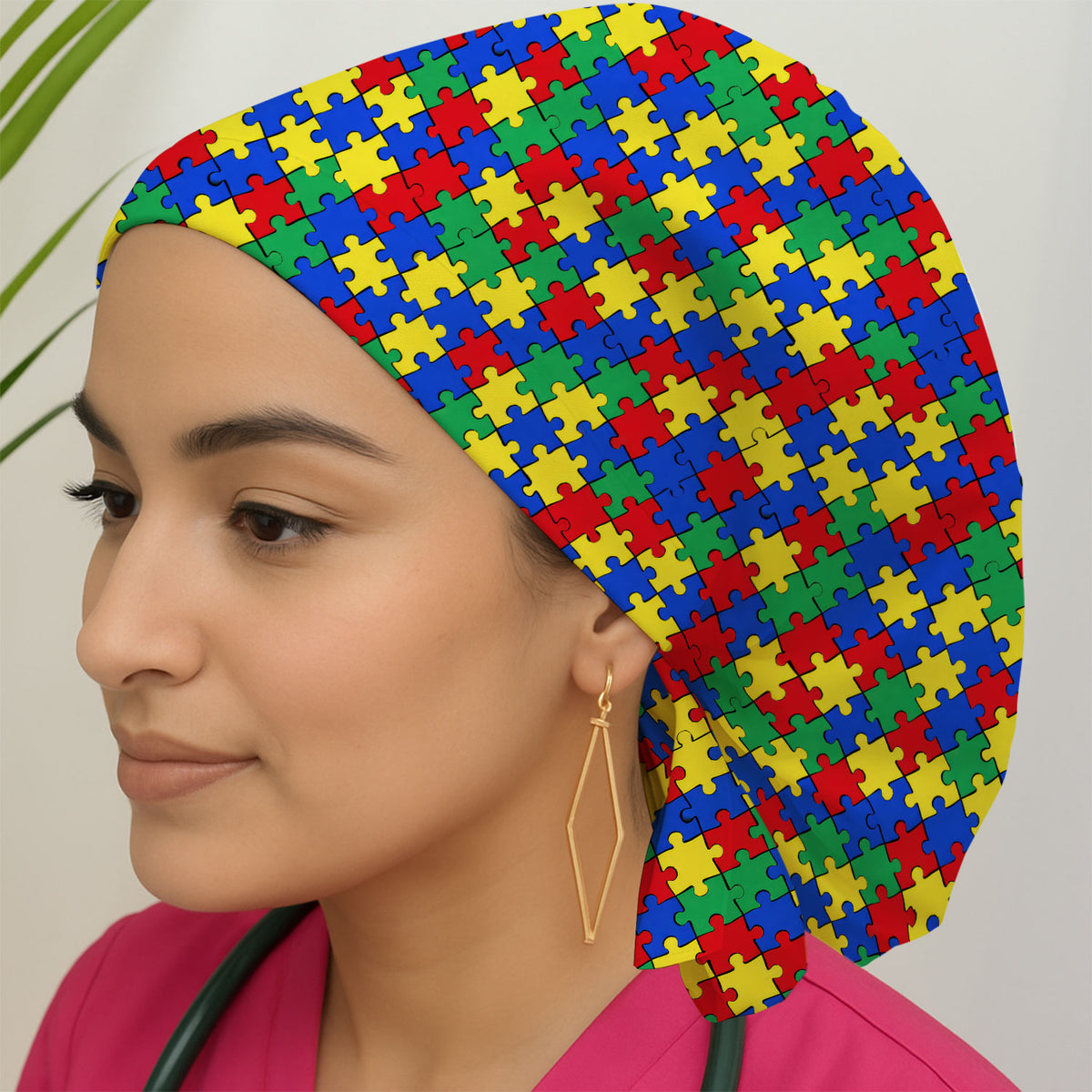 Autism Awareness Puzzle Pattern Cap, Bouffant Scrub Caps for Women