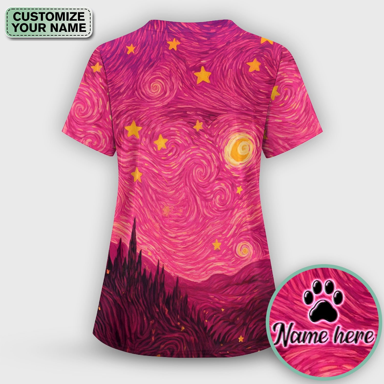 Personalized Black Cat Galaxy Star Swirl Pattern Scrub Top, Comfortable Scrubs for Nurses