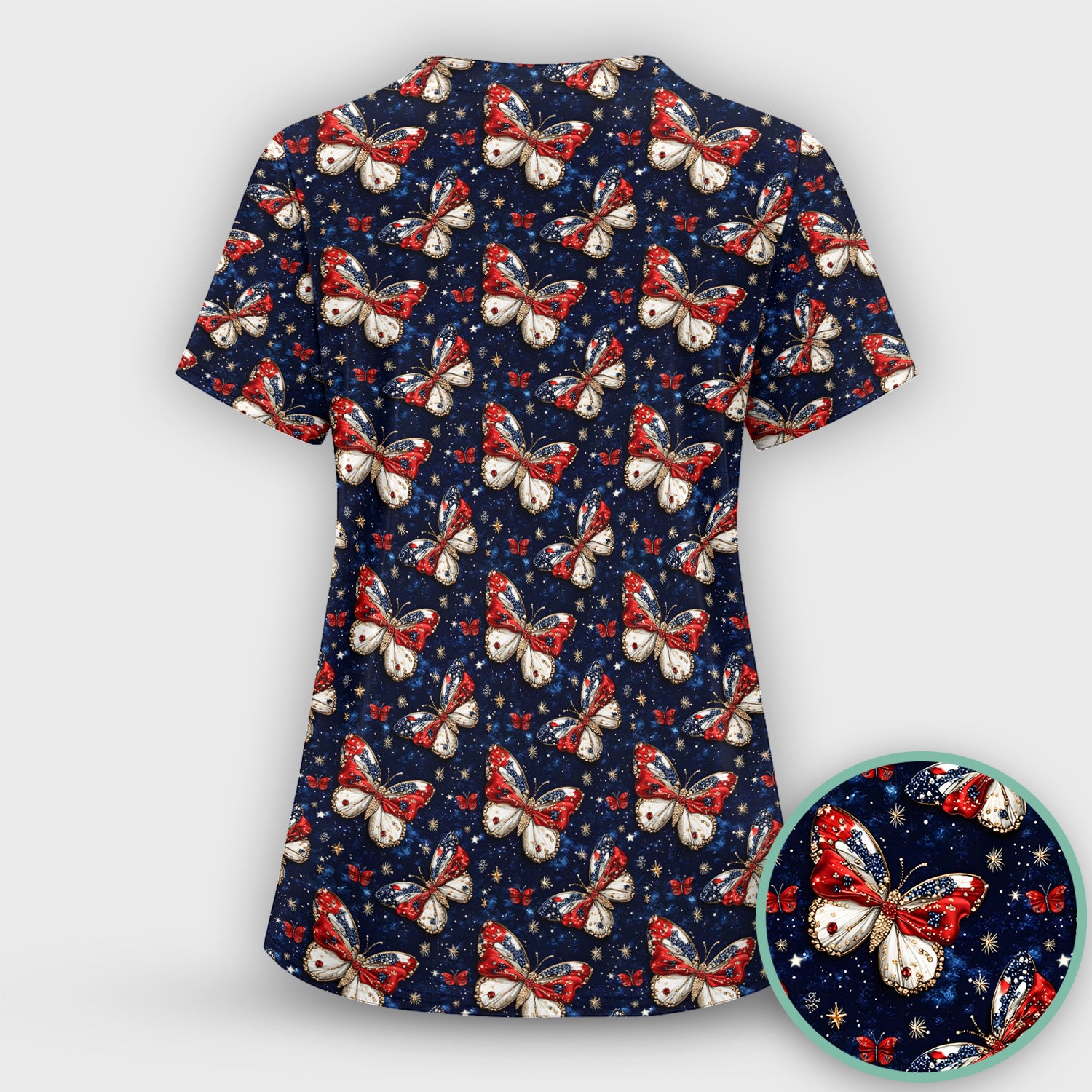 Patriotic Butterfly Nurse for RN & CNA, Americana Stars Healthcare Workers Uniform Scrub Top, Comfortable Scrubs for Nurses