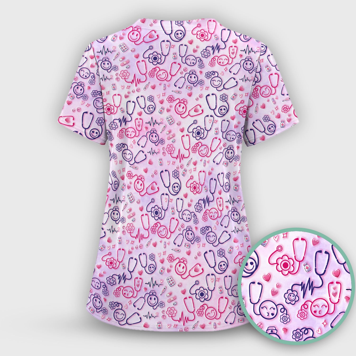 Stethoscope Heart Cute Icon Print Scrub Top, Breathable Fabrics Nursing Uniform