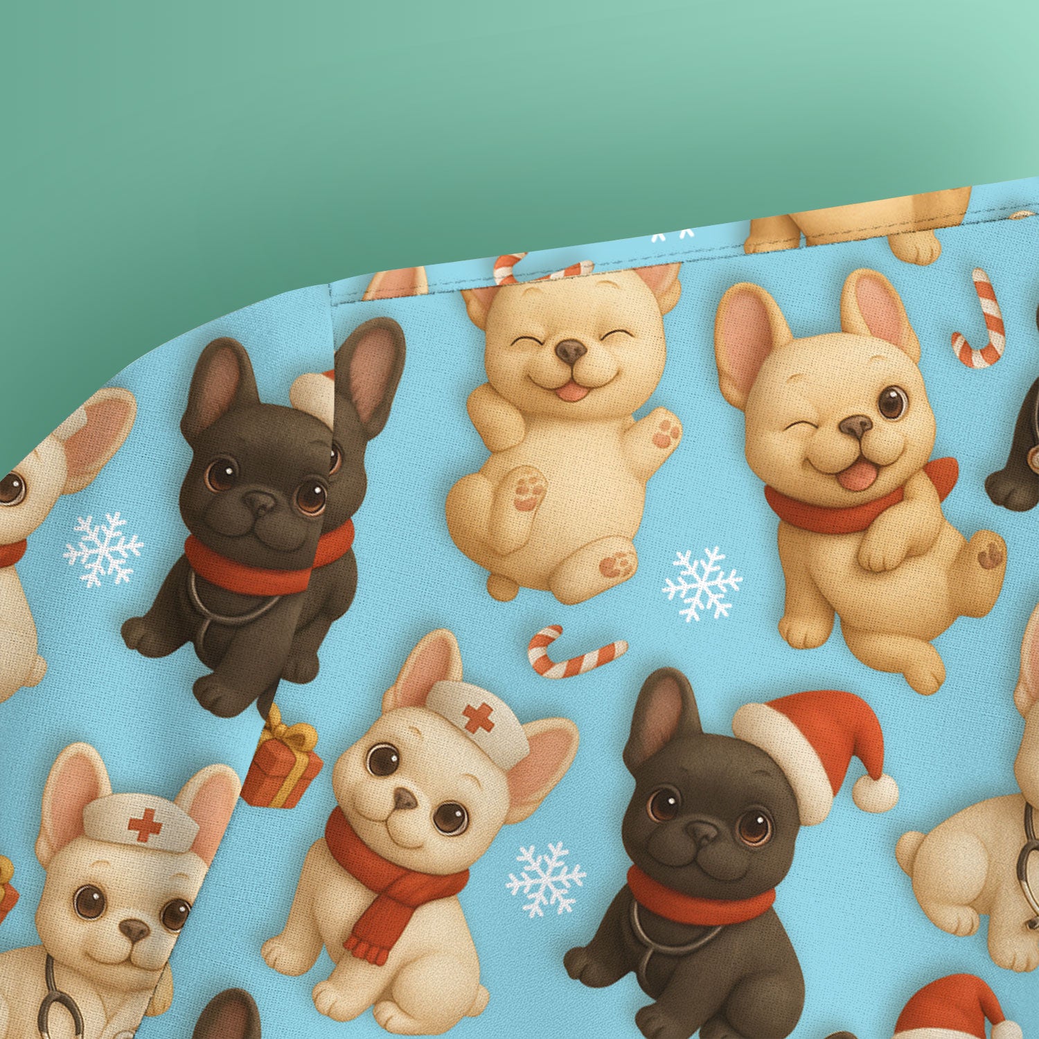 Christmas Dog Scrubs for Women - Cute French Bulldog Pattern Medical Scrub Top - Festive Holiday Nurse Scrubs with Adorable Puppy Design
