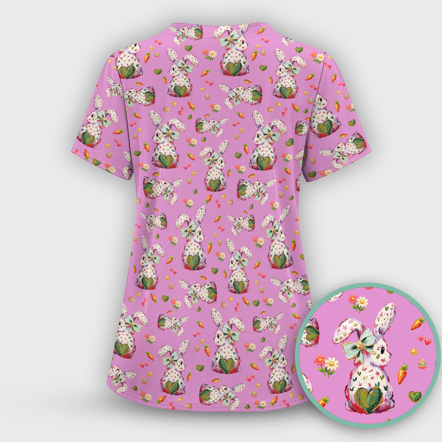 Cute Pastel Bunny Easter Pattern Scrub Top, Comfortable Scrubs for Nurses