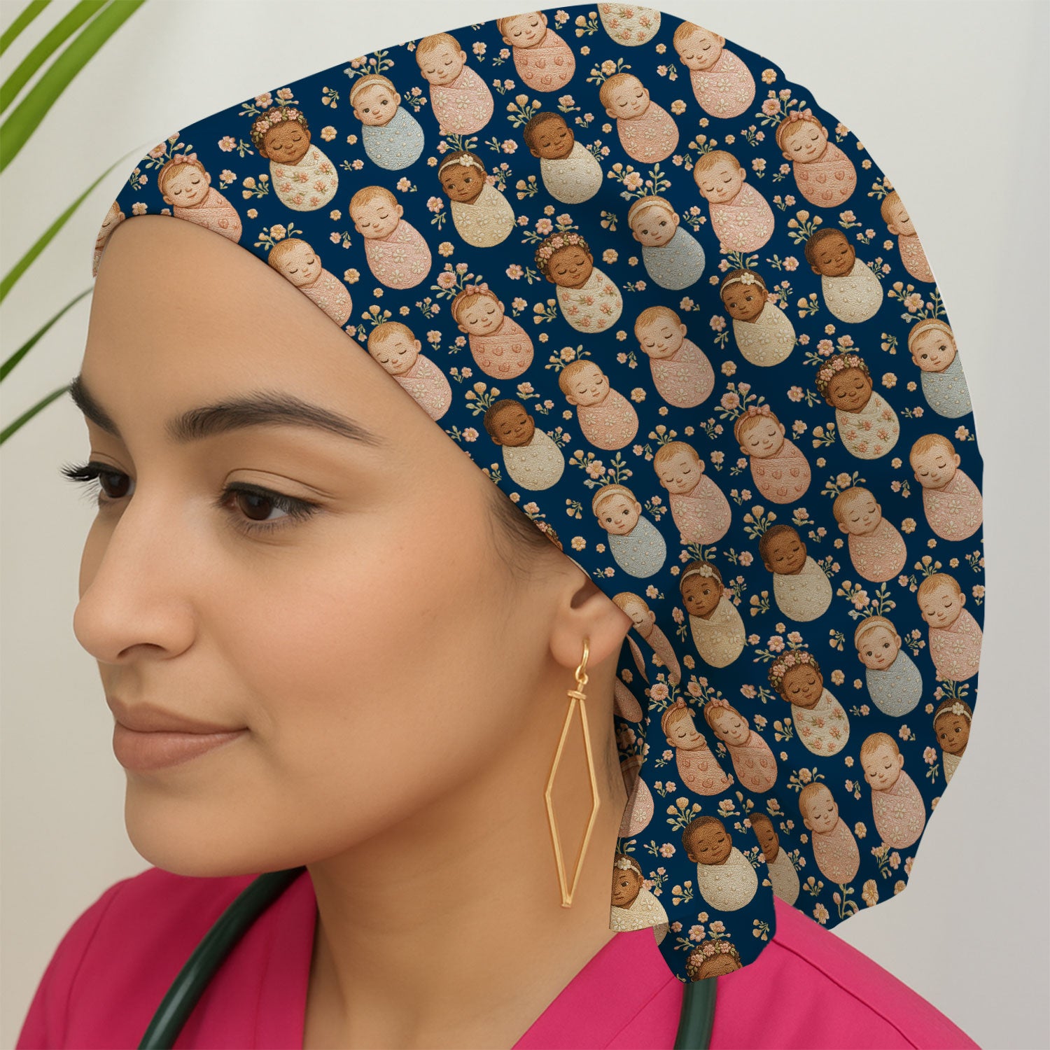 Sweet Newborn Baby Floral Print Scrub Cap, Bouffant Scrub Caps for Women