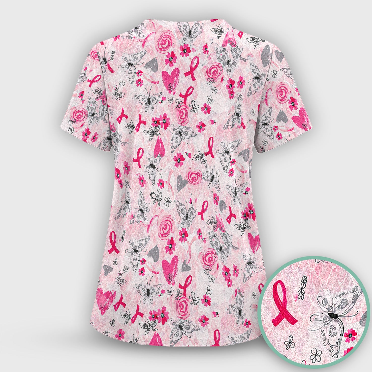 Breast Cancer Awareness Butterfly Floral Scrub Top, Comfortable Scrubs for Nurses