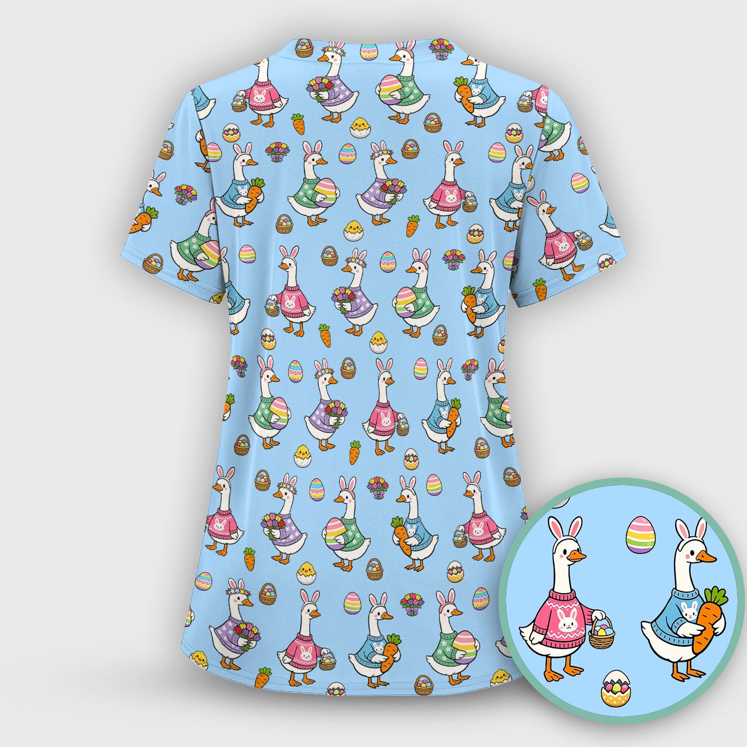 Cute Easter Goose Pattern Scrub Top, Breathable Fabrics Nursing Uniform