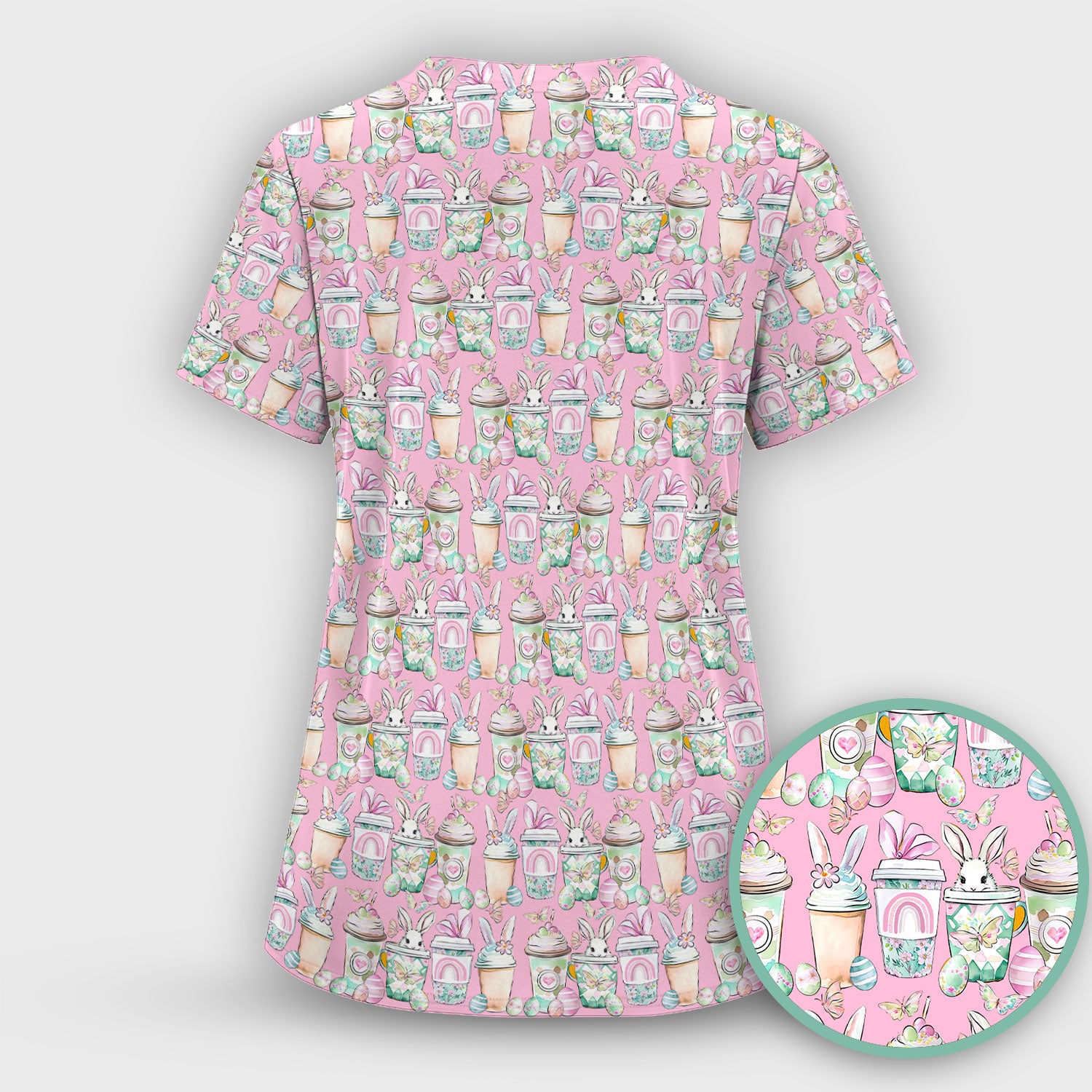 Cute Easter Bunny Coffee Cup Pattern Scrub Sets, Scrub Pants and V Neck Top