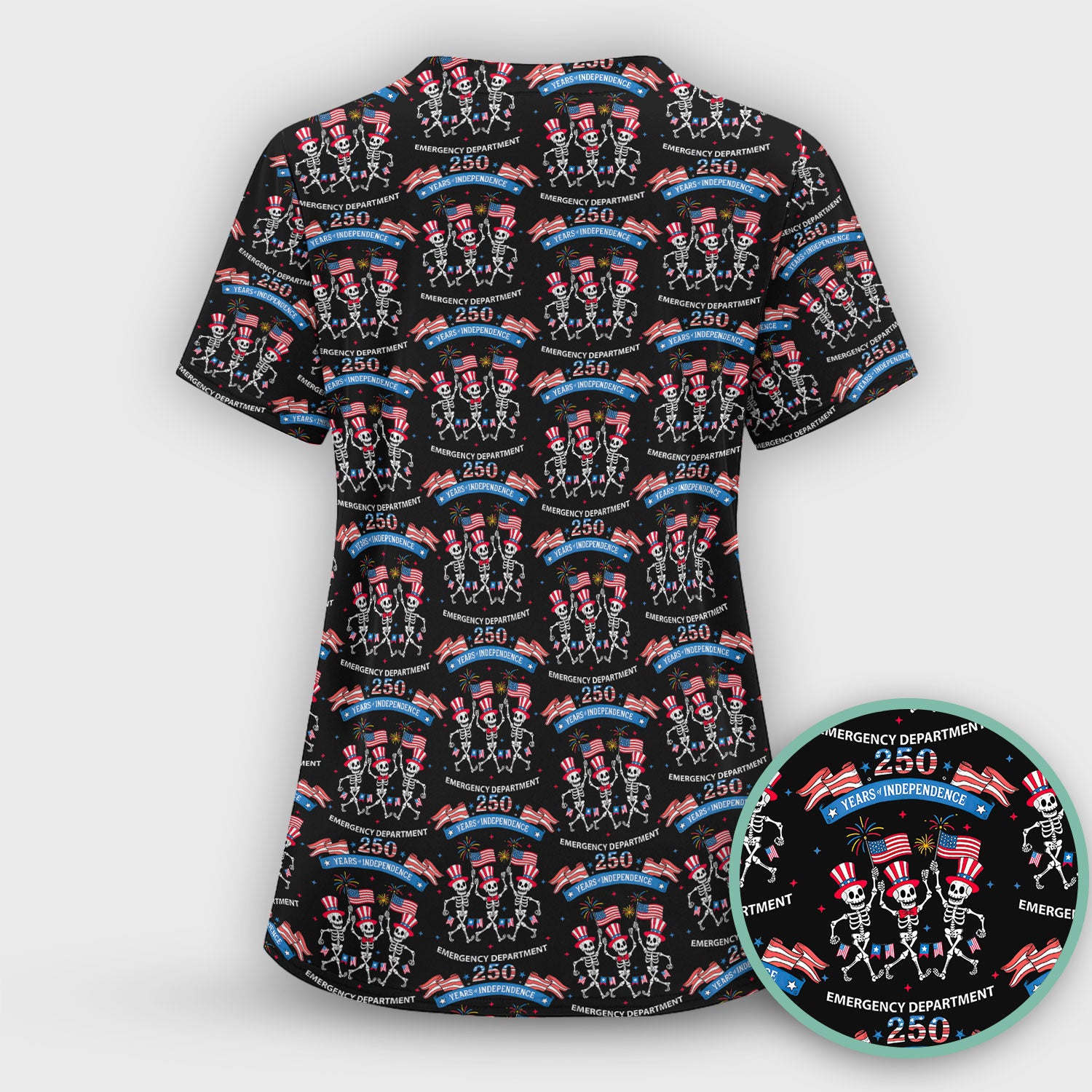 Patriotic Skeleton 250 Years ER Print Scrub Sets, Breathable Med Uniform