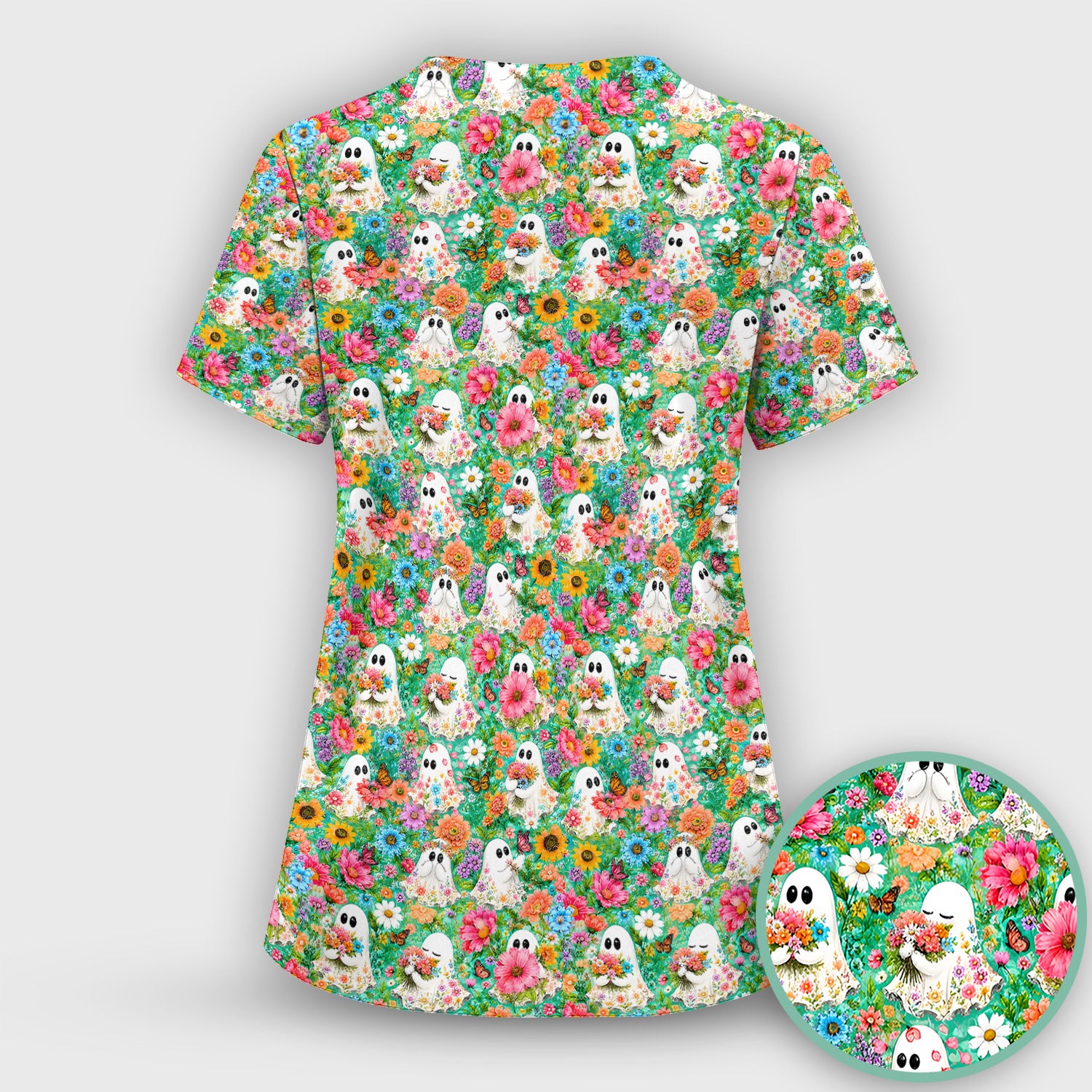 Cute Halloween Floral Ghosts Scrub Set, Scrub Pants and V Neck Top