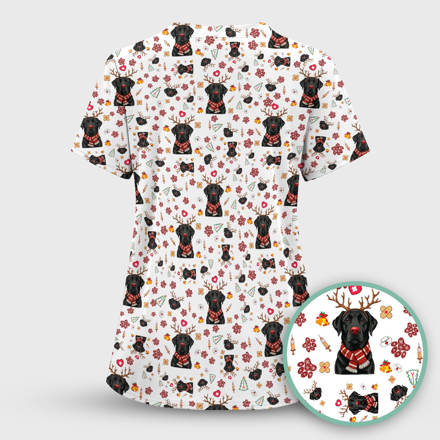 Funny Black Lab Reindeer Scrub Top - Christmas Dog Nurse Shirt - Cute Holiday Medical Uniform Gift for RN LPN CNA