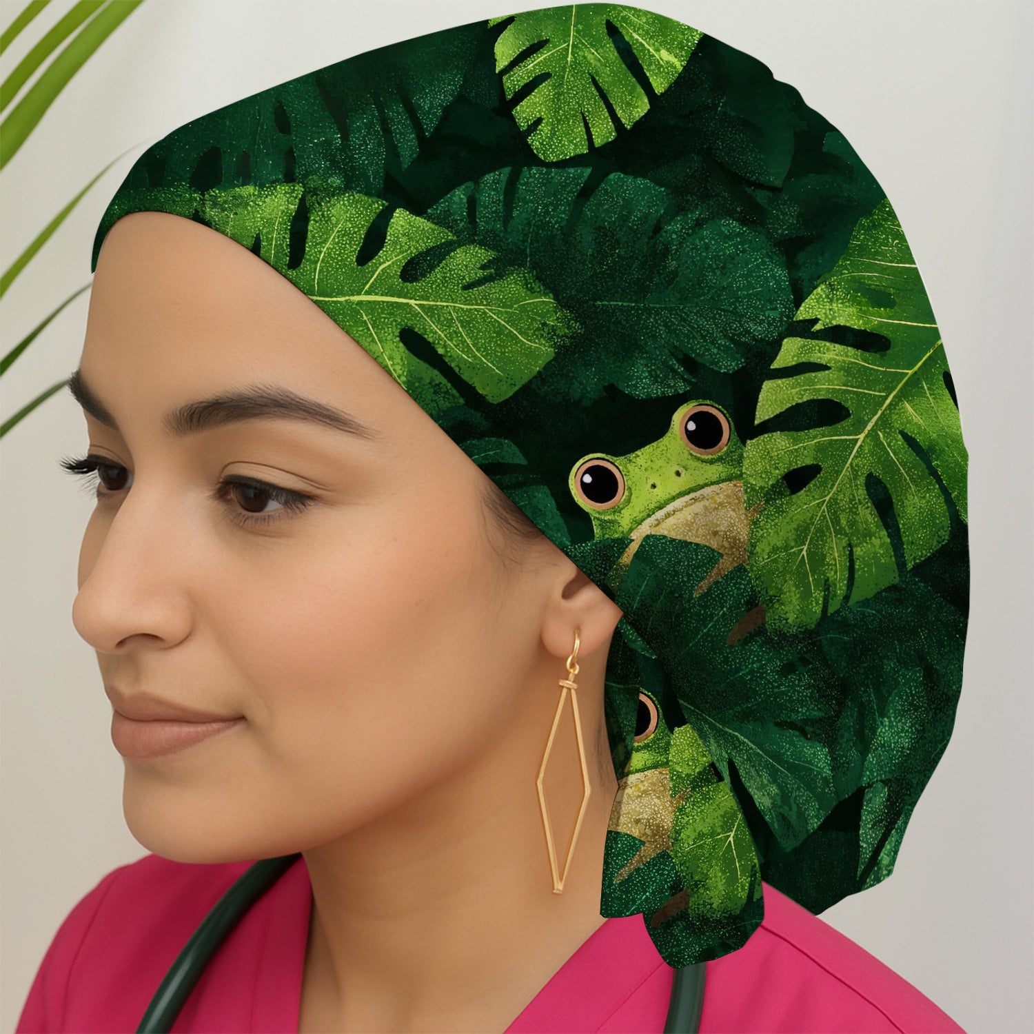 Cute Frog Hiding Jungle Leaves Pattern Nurse Scrub Cap, Surgical Caps for Doctors