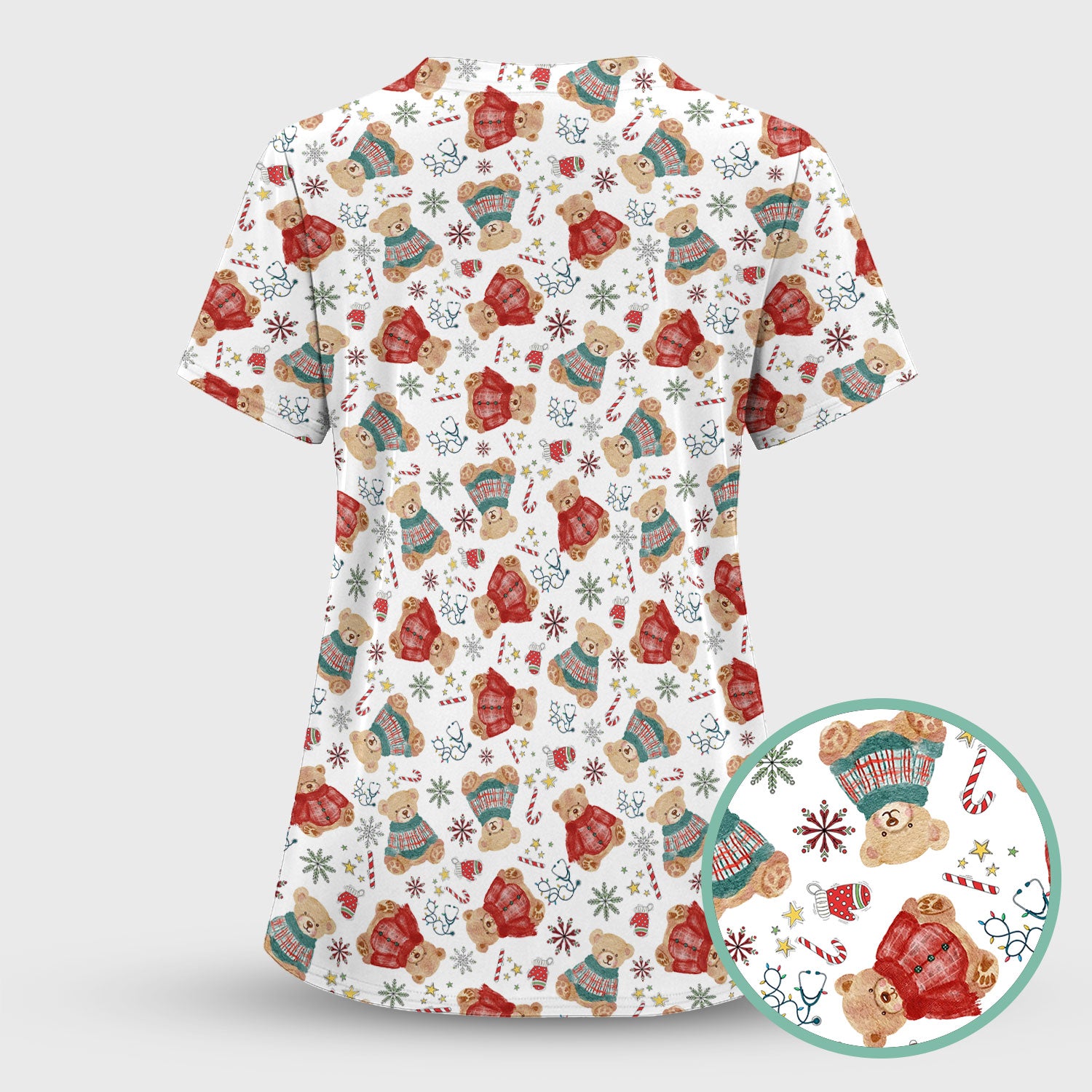 Funny Christmas Scrub Shirt - Cute Bear Winter Print Scrubs - Holiday Medical Scrub Top Gift for Women, Men, CNA RN, Doctor Nurse Christmas Outfit