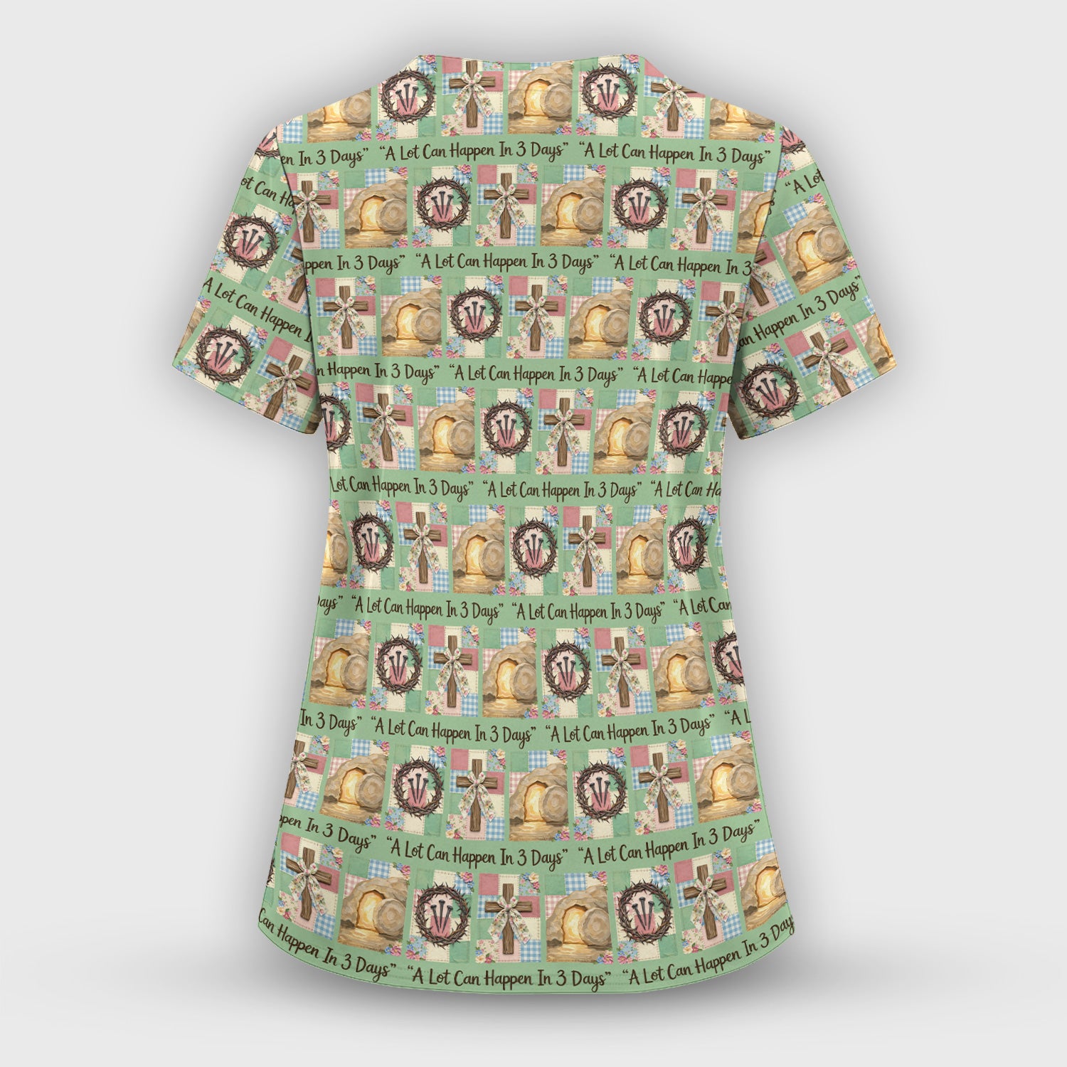 Christian Easter Cross Print Scrub Top, Breathable Fabrics Nursing Uniform