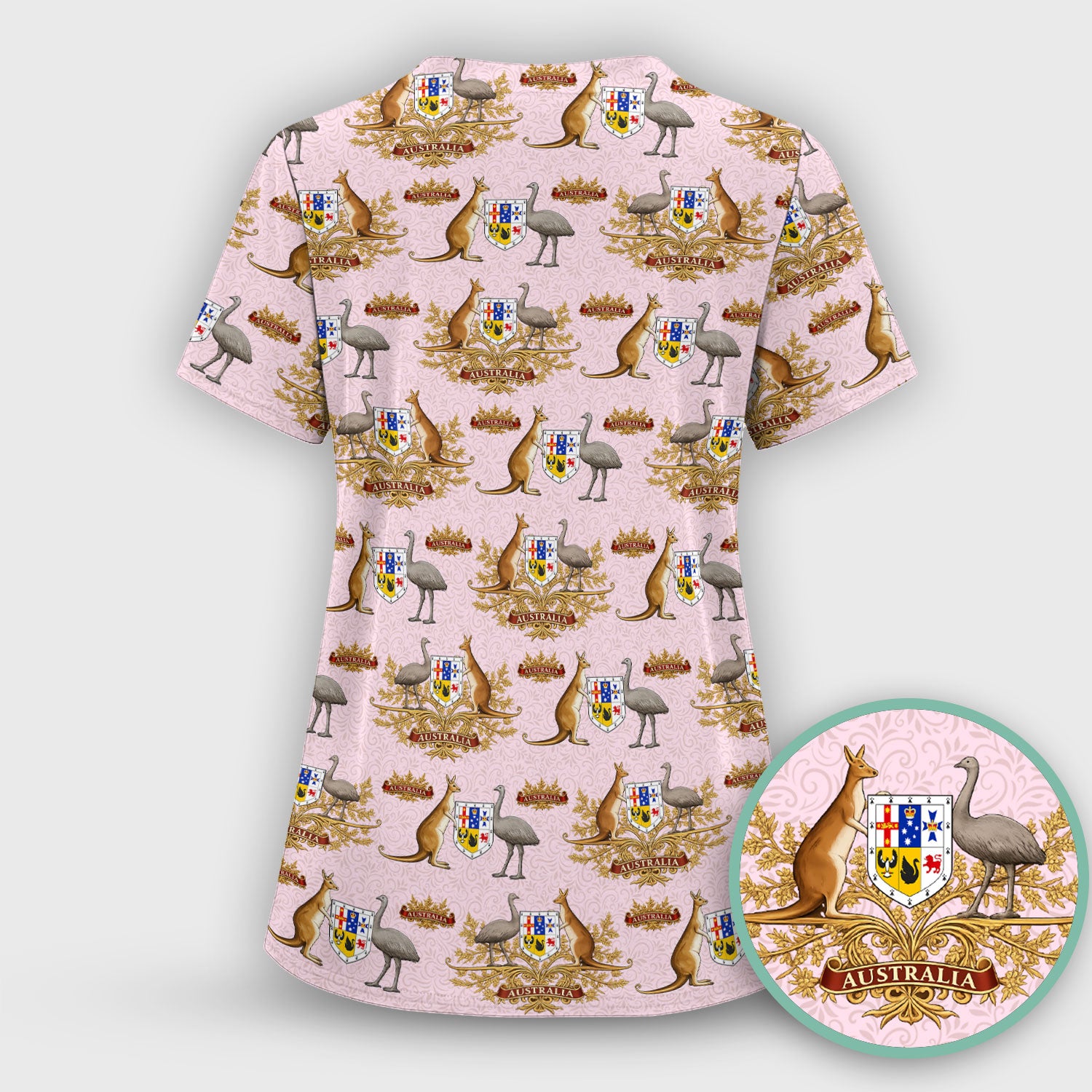 Australian Kangaroo Emu Crest Pattern Scrub Top, Comfortable Scrubs for Nurses