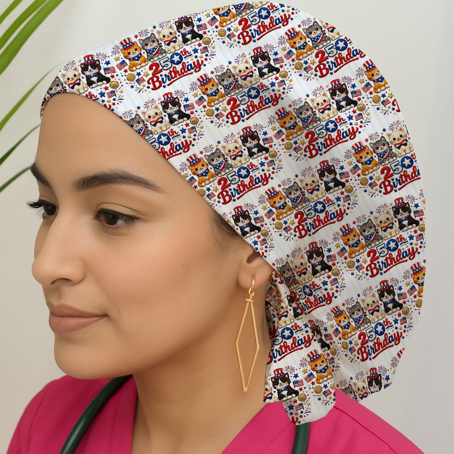 America 250th Anniversary Cat Pattern Surgical Cap, Breathable Fabrics Caps Uniform