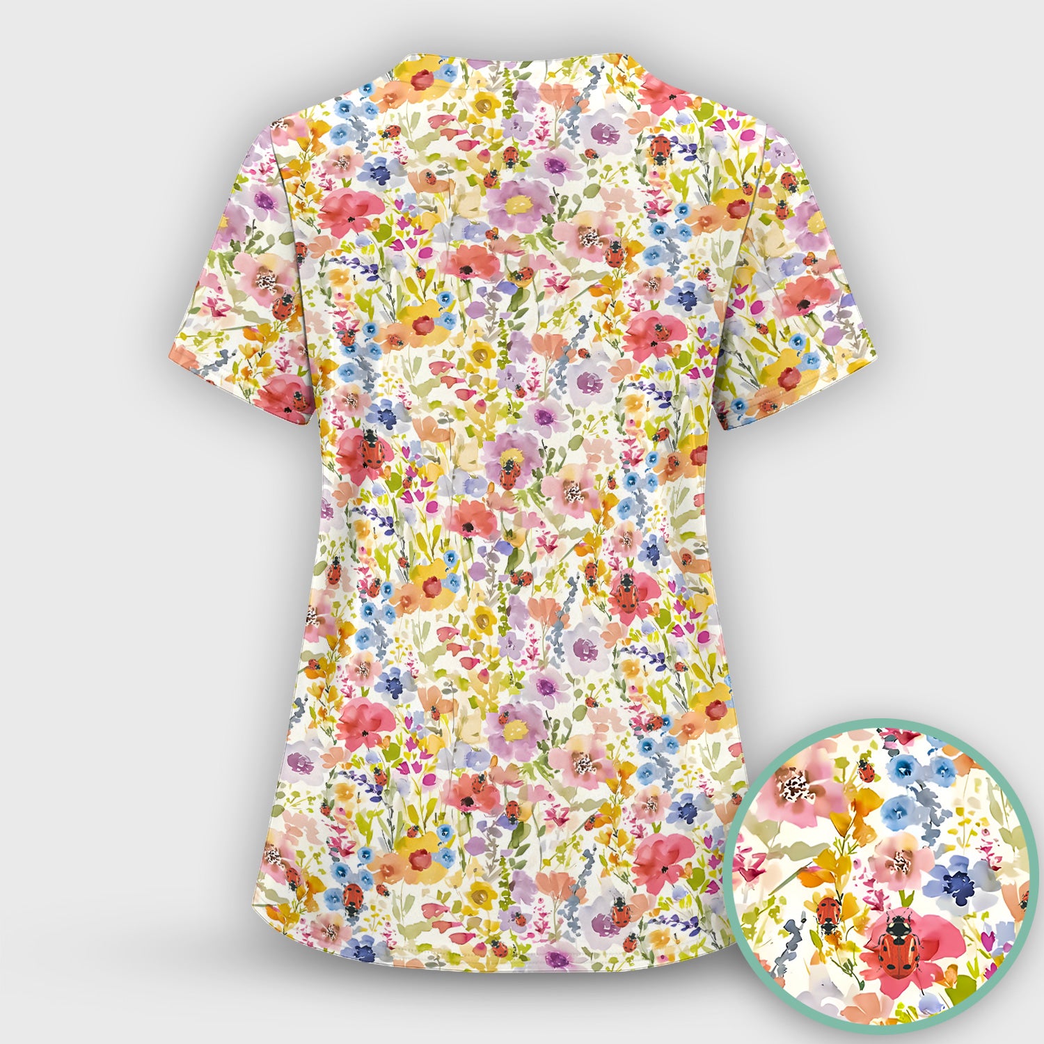 Cute Wildflower Ladybug Garden Pattern Scrub Top, Comfortable Scrubs for Nurses