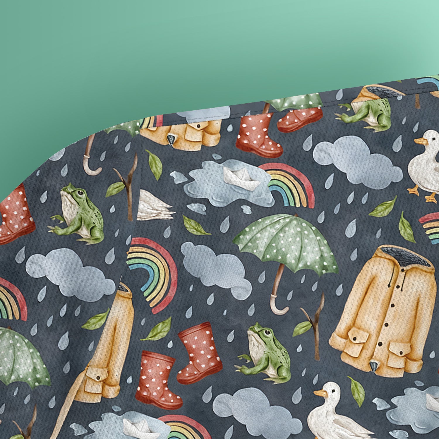 Cute Rainy Day Ducks & Frog Rainbow Pattern Scrub Top, Colorful Gothic Nurse Scrubs Uniform