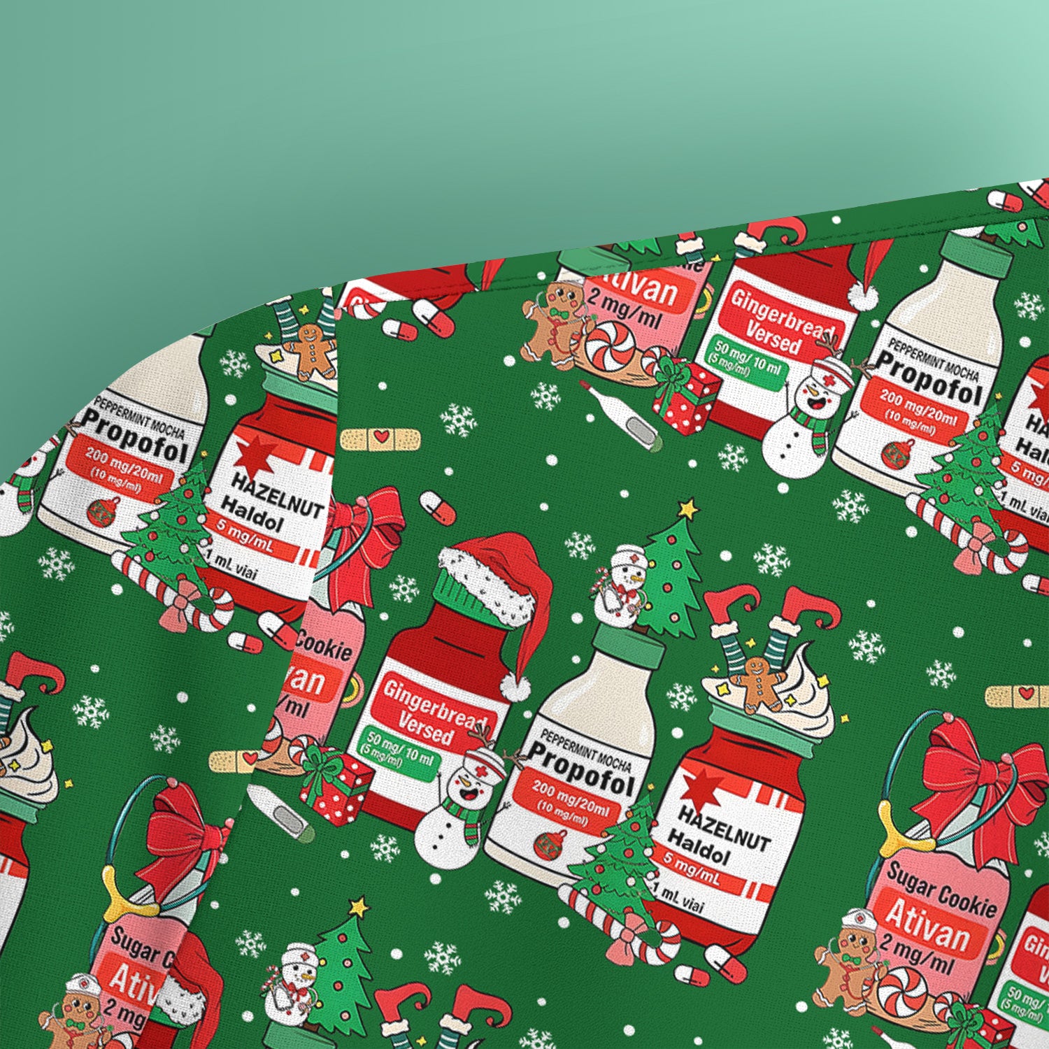 Funny Christmas Medication Scrub Top – Festive Holiday Pharma Bottles Pattern – Playful Medical Uniform for Nurses, Pharmacists & Healthcare Workers