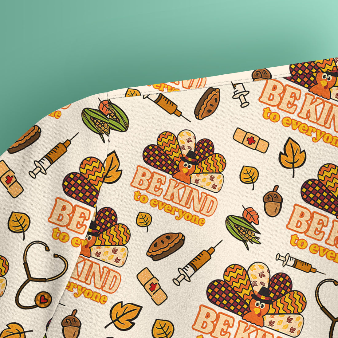 Thanksgiving Be Kind Scrub Top – Fall Nurse Shirt with Heart and Leaf Pattern – Cute Autumn Medical Uniform for Healthcare Staff