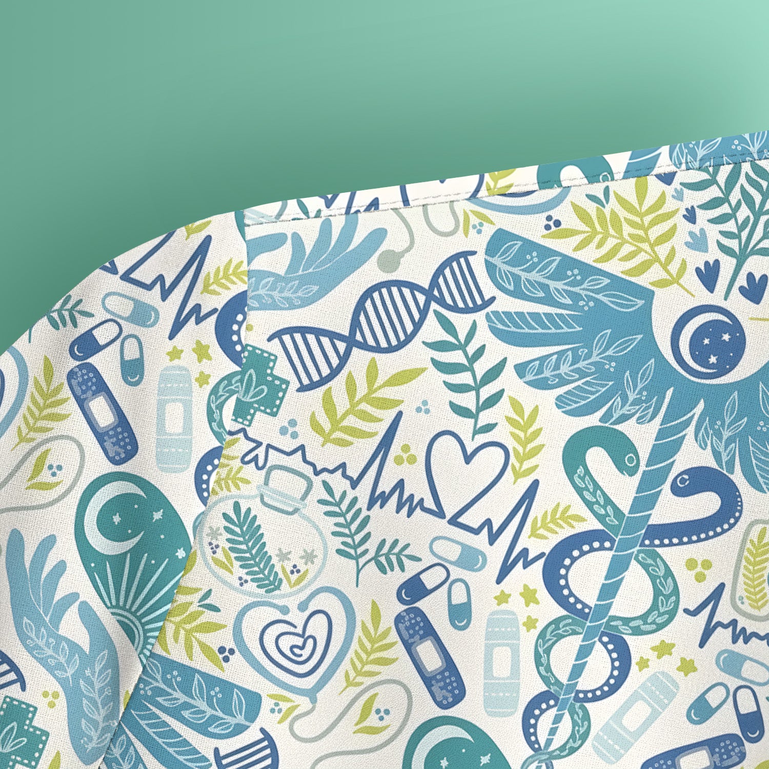 Inspirational Botanical Medical Caduceus Heart Nurse Pattern Scrub Top, Breathable Fabrics Nursing Uniform