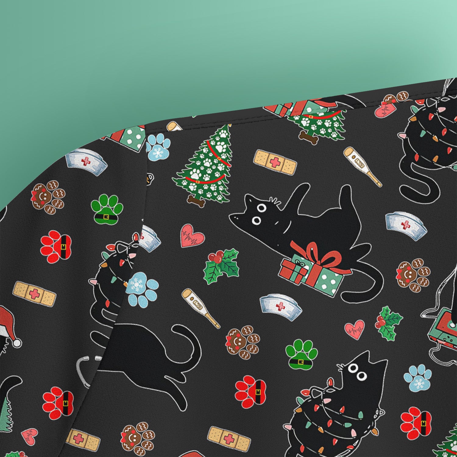 Black Cat Christmas Nurse Scrub Top, Festive Kitty Medical Uniform Shirt for Women