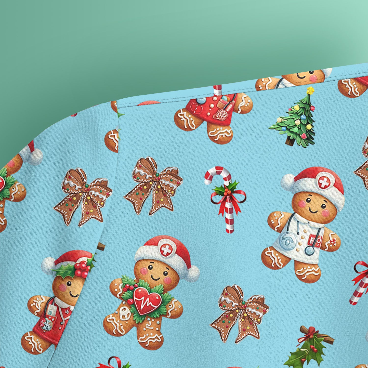 Funny Gingerbread Christmas Scrub Top - Cute Cookie with Bow Shirt - Festive Holiday Scrubs for Women