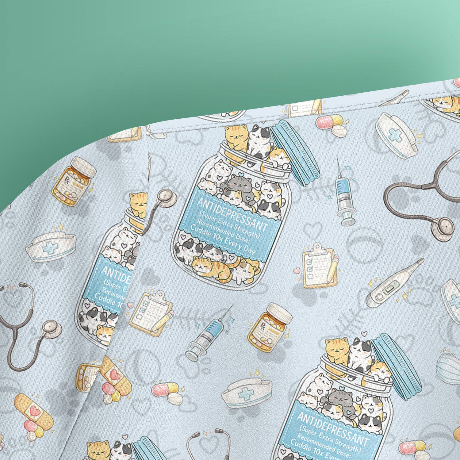 Cute Antidepressant Cat Jar Print Nurse Scrub Top, Breathable Fabrics Nursing Uniform