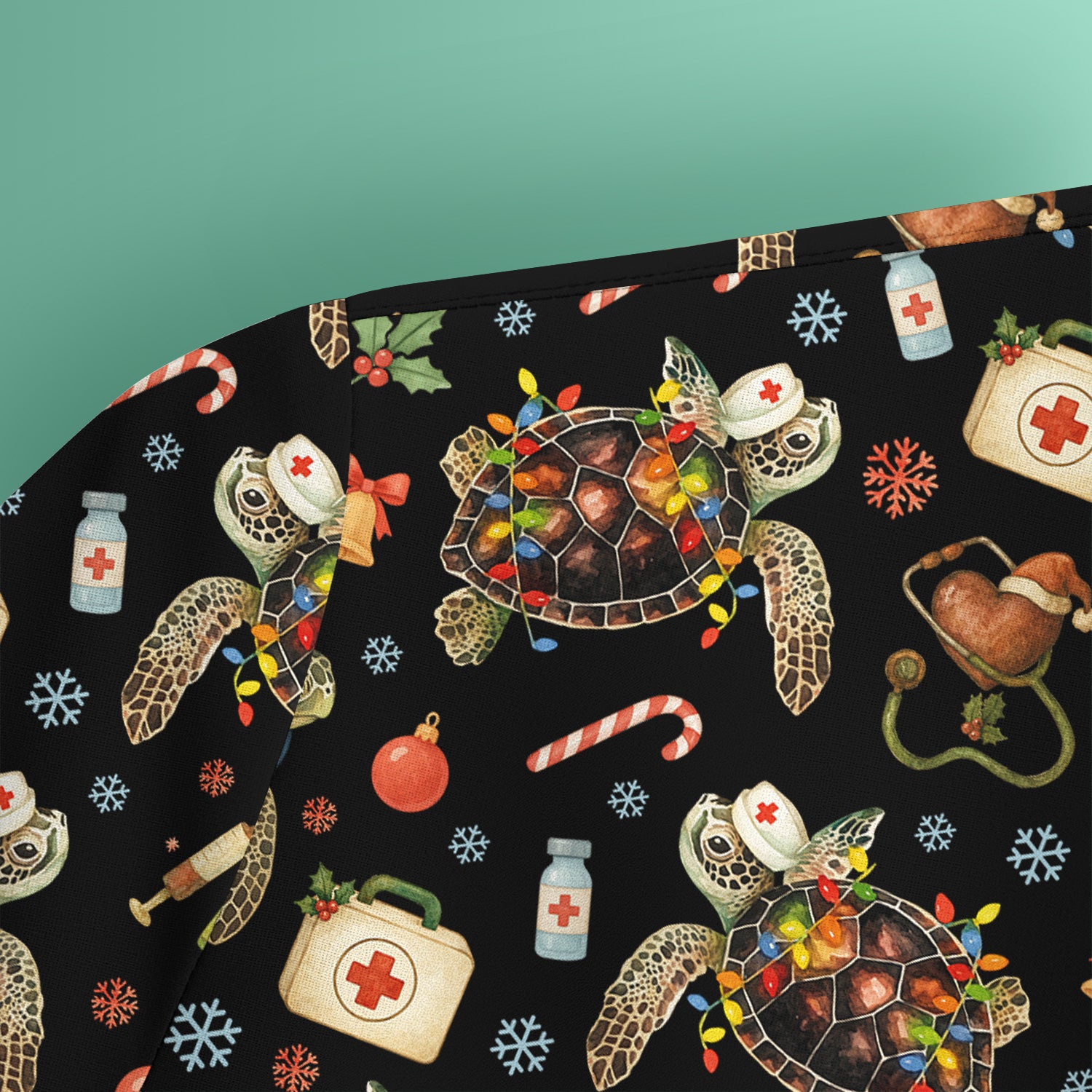 Funny Christmas Scrub Top - Sea Turtle with Xmas Lights Shirt - Holiday Nurse Scrubs for Women