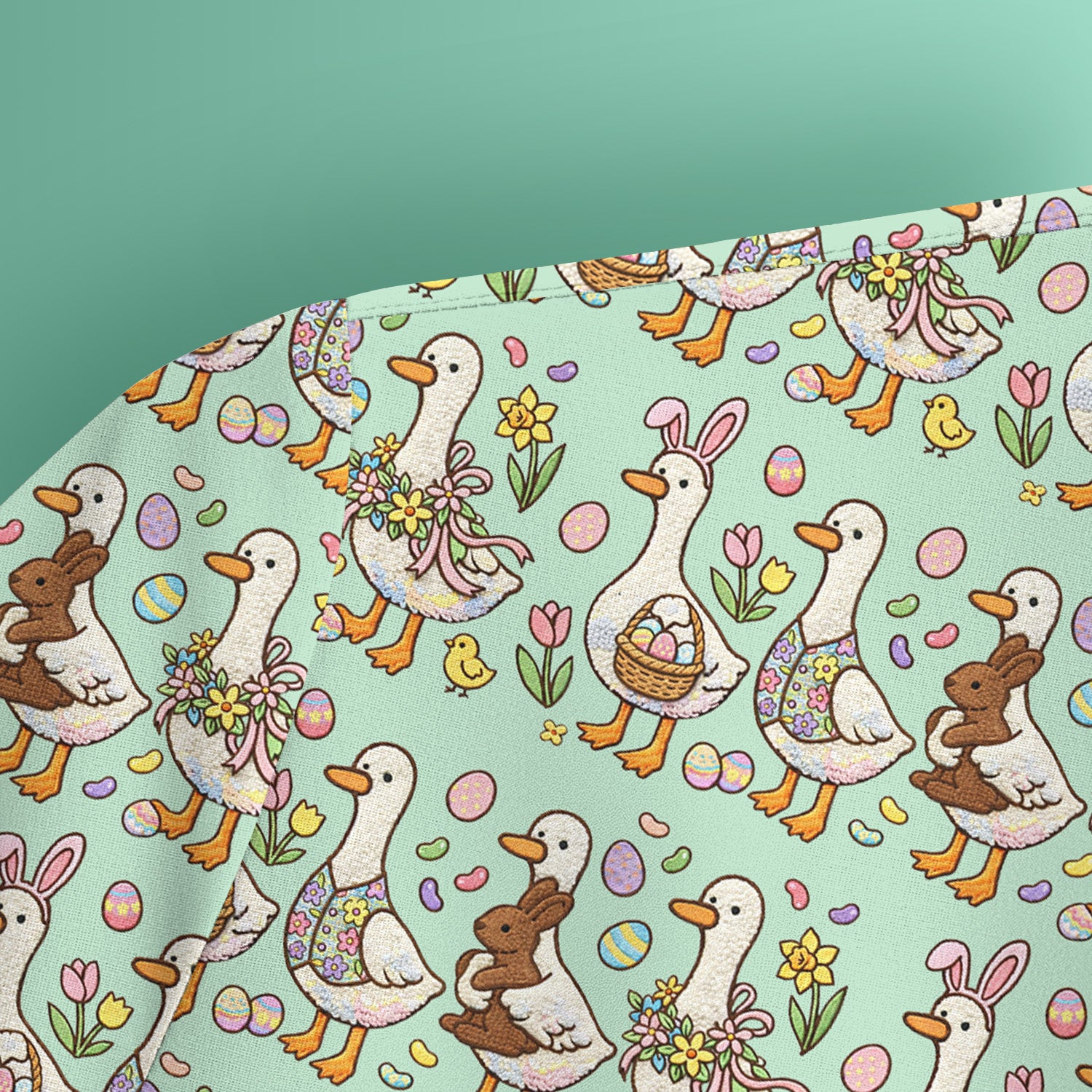 Easter Theme Duck and Bunny Egg Floral Print Scrub Top, Comfortable Scrubs for Nurses