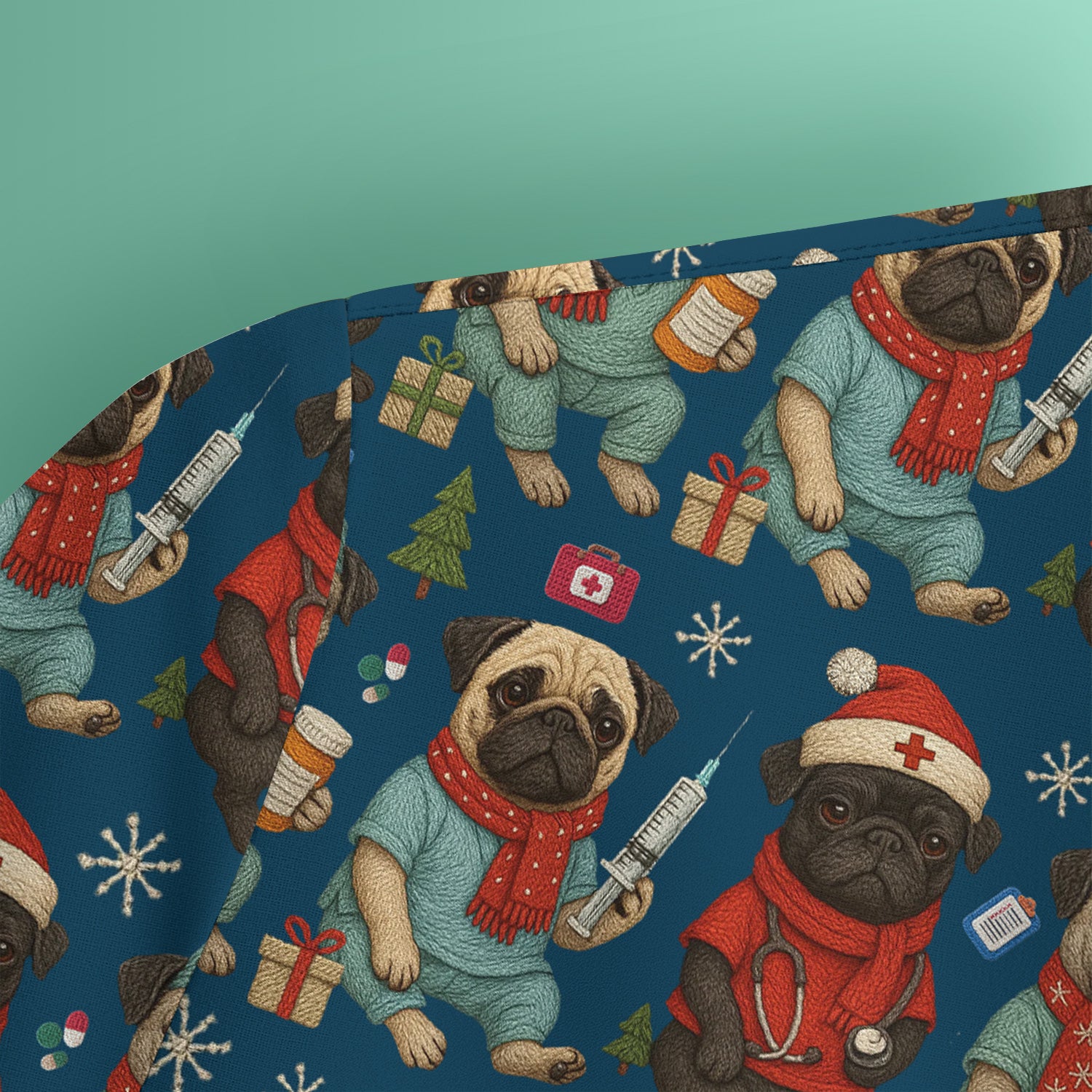 Christmas Pug Nurse Scrub Top, Cute Holiday Dog Medical Uniform Shirt For Nursing