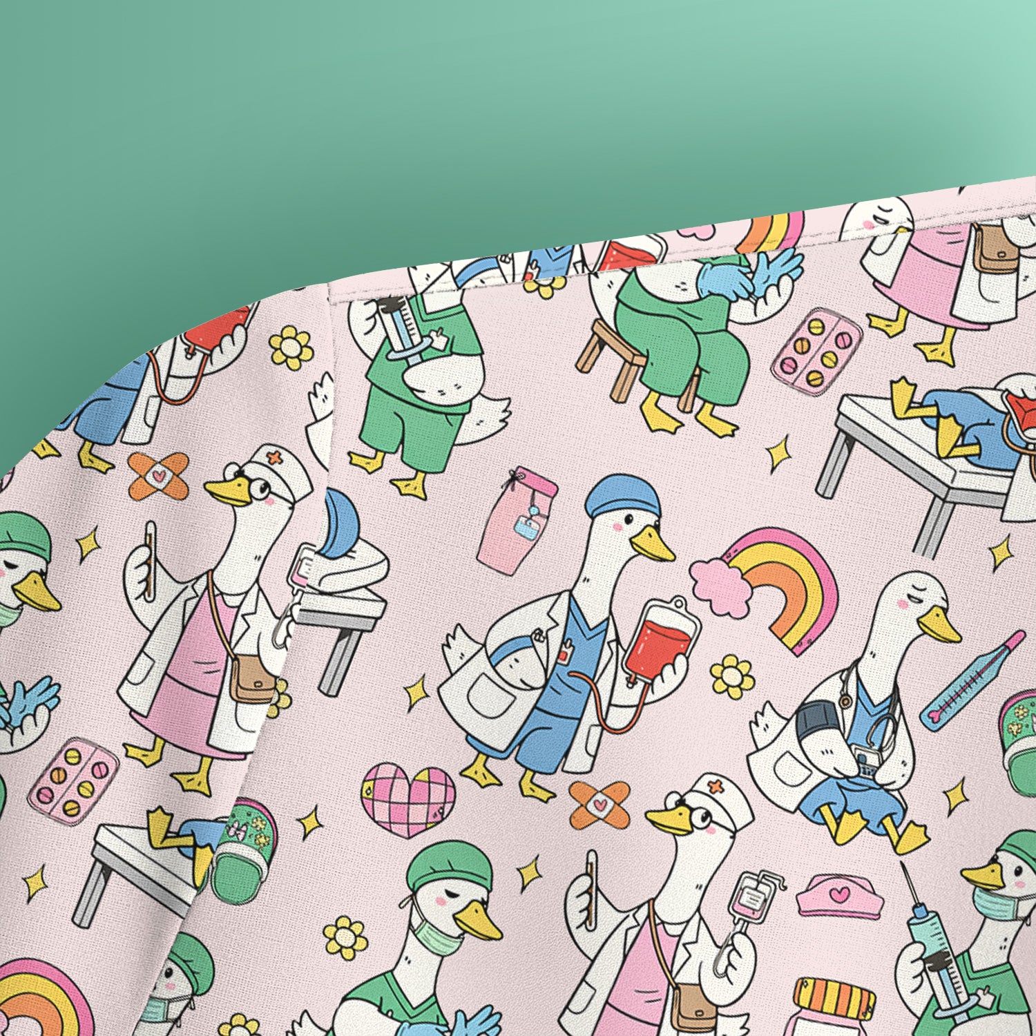 Funny Nurse Duck Medical Doodle Pattern Scrub Top, Comfortable Nurse Workwear Top