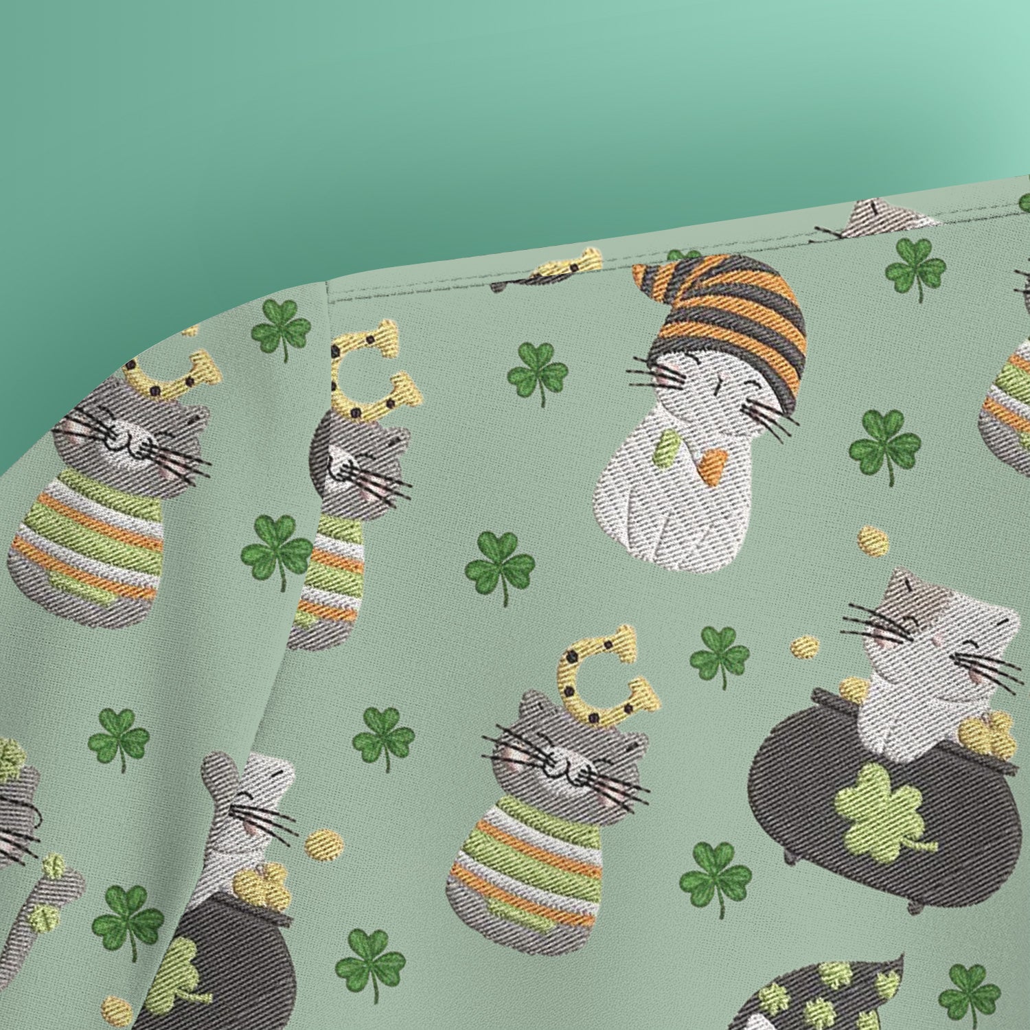 St. Patrick’s Day Scrub Top, Lucky Cat With Shamrock Pattern Shirt, Breathable Fabrics Nursing Uniform