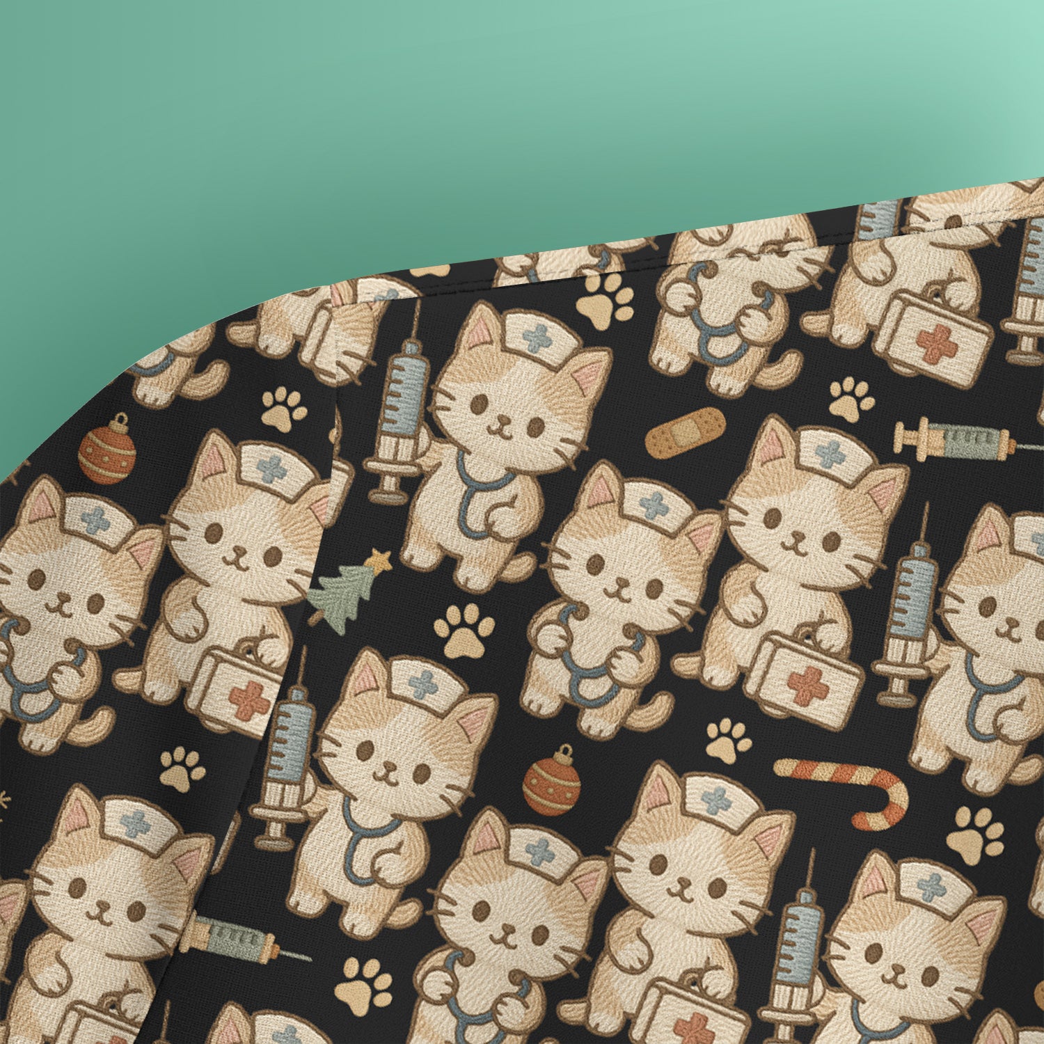 Cute Cat Nurse Christmas Scrub Top, Kawaii Kitty Medical Pattern Shirt, Breathable Fabrics Nursing Uniform